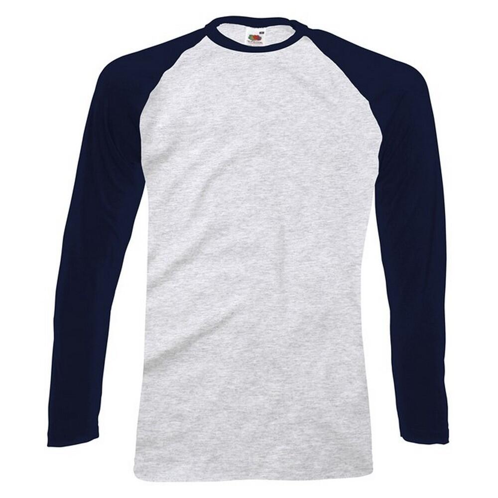 FRUIT OF THE LOOM Mens LongSleeved Baseball TShirt (Grey/Deep Navy)