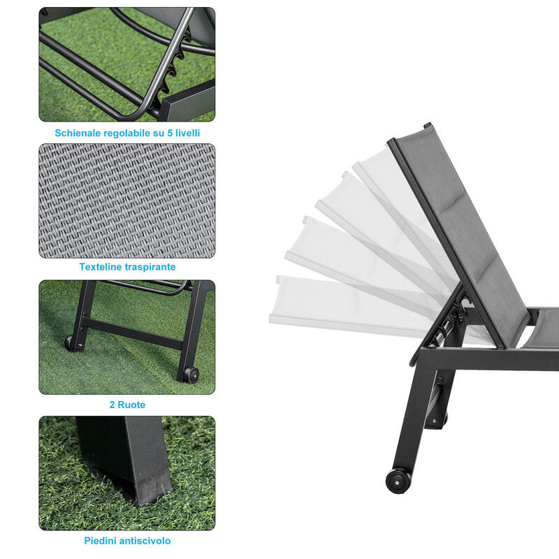 Șezlong extensibil de exterior Outsunny cu 5 niveluri și husă căptușită