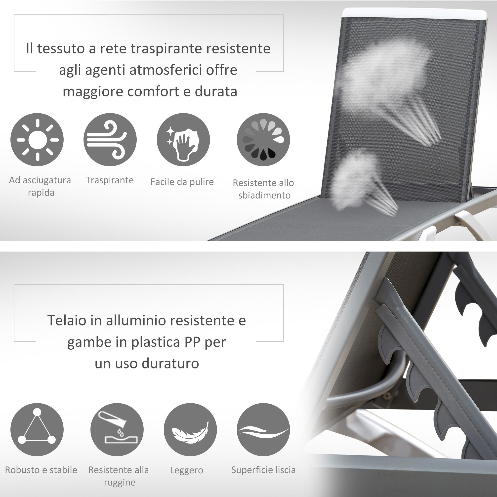 Outsunny Lettino Prendisole con Schienale Reclinabile su 5 Livelli e Rotelle 5/7