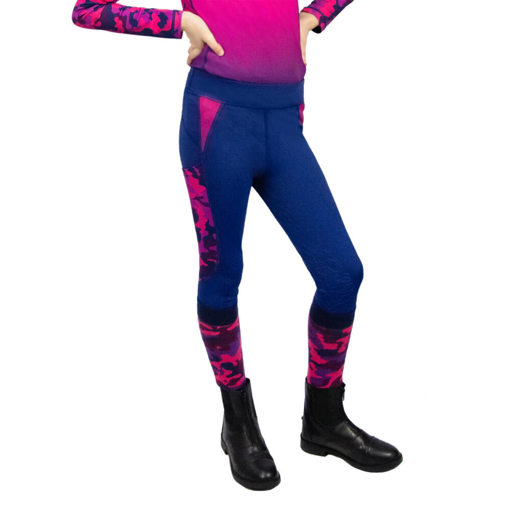 HY Childrens/Kids DynaForce Horse Riding Tights (Raspberry/Navy)