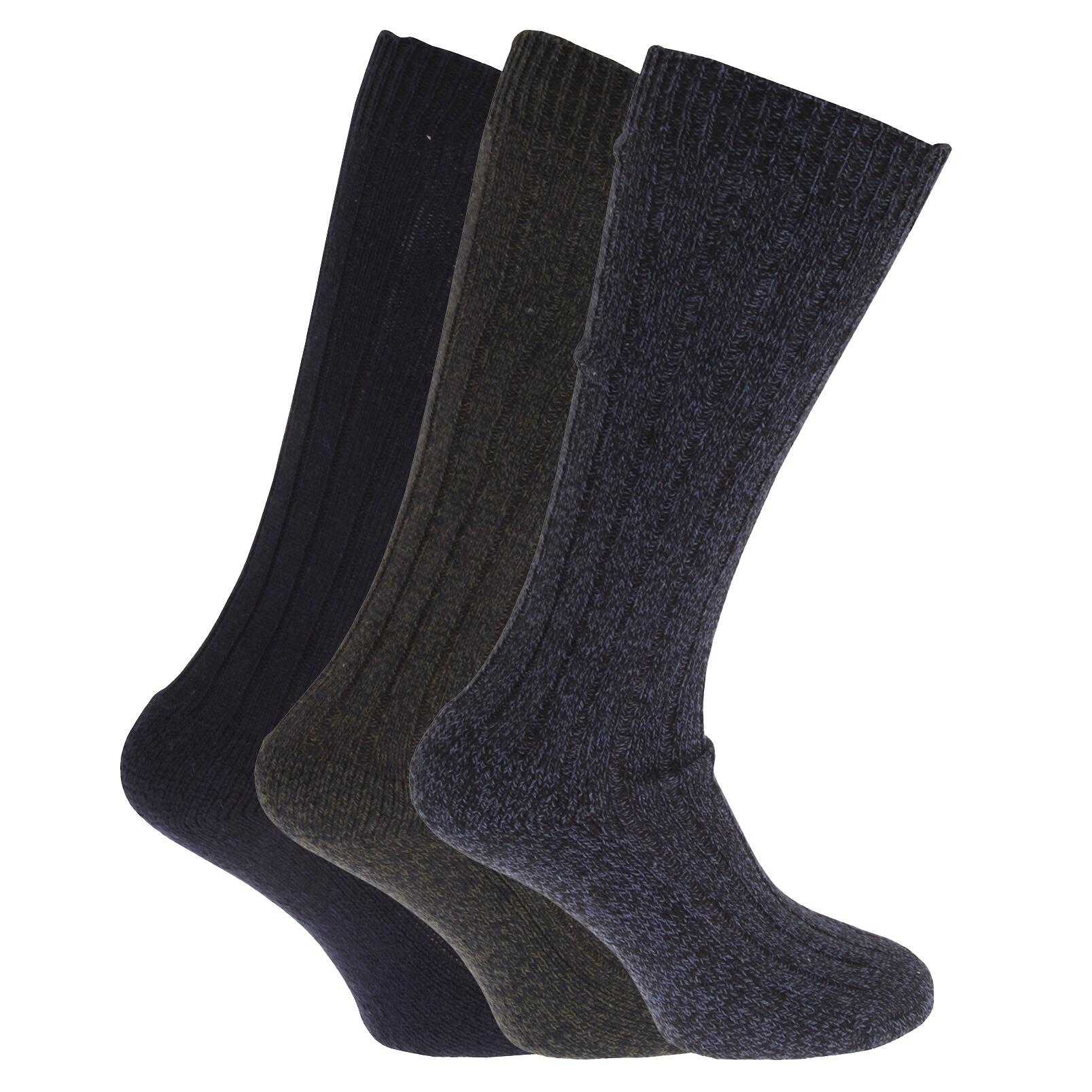 Mens Wool Blend Long Length Socks With Padded Sole (Pack Of 3) (Navy/Marl 1/1