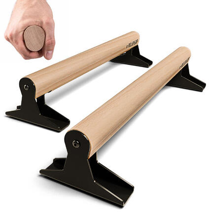 Hochwertige Low Holz Parallettes mit ergonomischem Holzgriff und Blech Füßen
