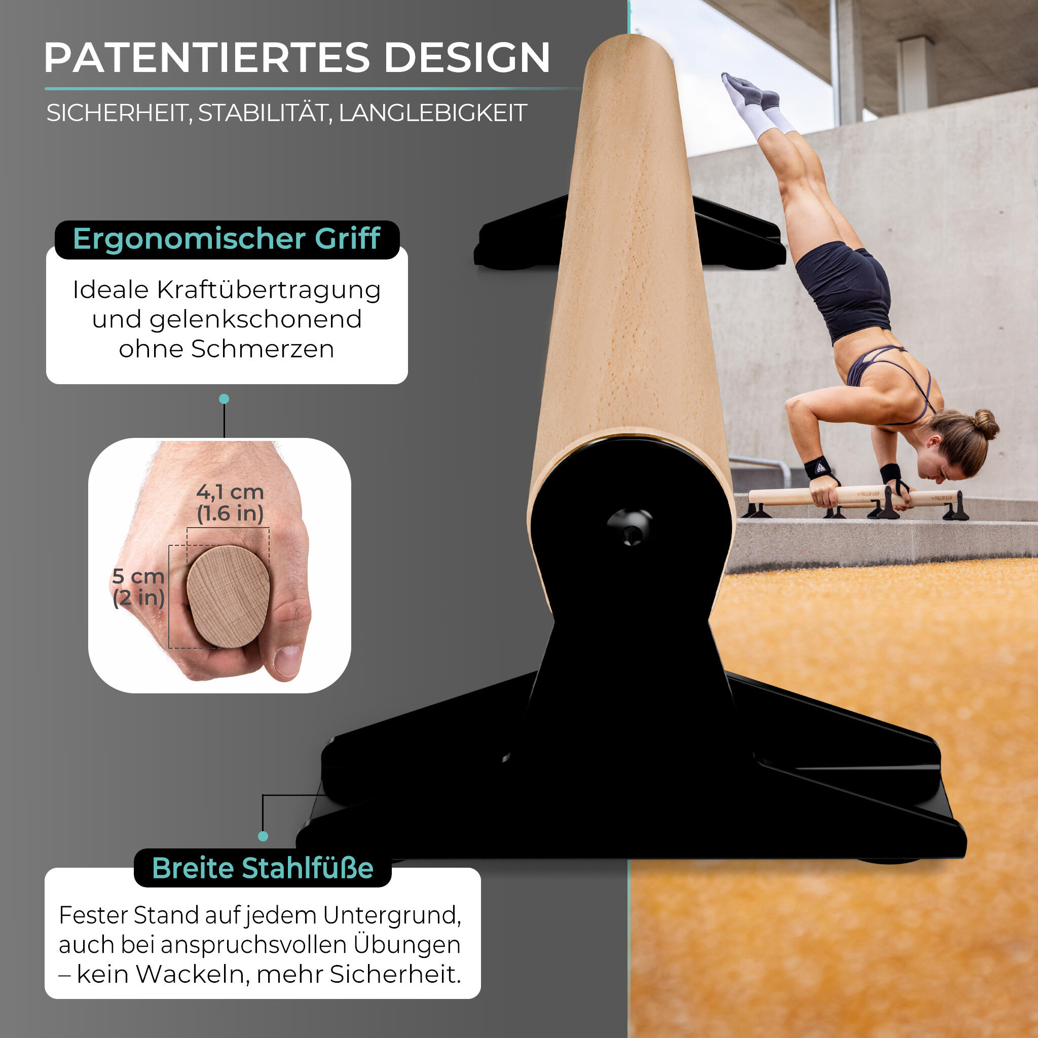 Hochwertige Low Holz Parallettes mit ergonomischem Holzgriff und Blech Füßen 2/6