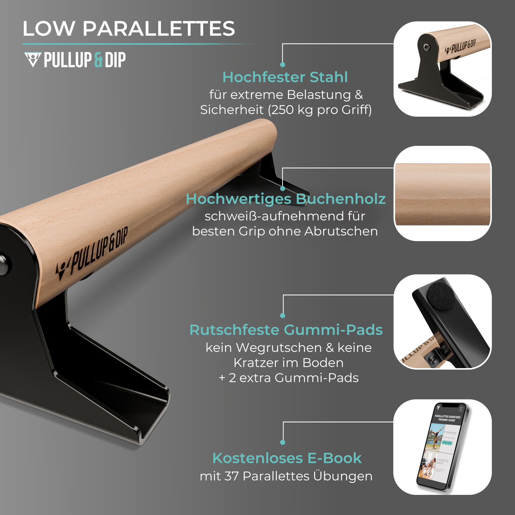 Hochwertige Low Holz Parallettes mit ergonomischem Holzgriff und Blech Füßen 4/6