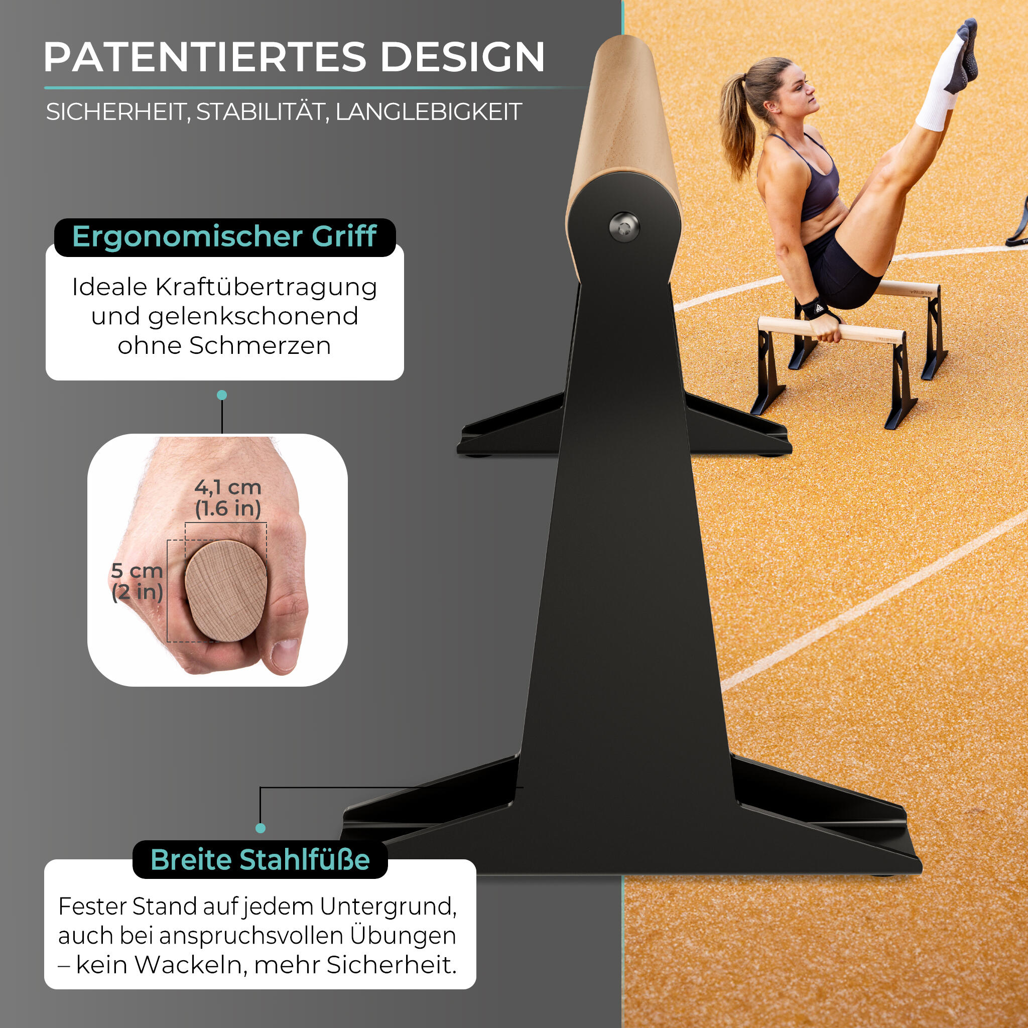Hochwertige Medium Holz Parallettes mit ergonomischem Holzgriff und Blech Füßen 2/6