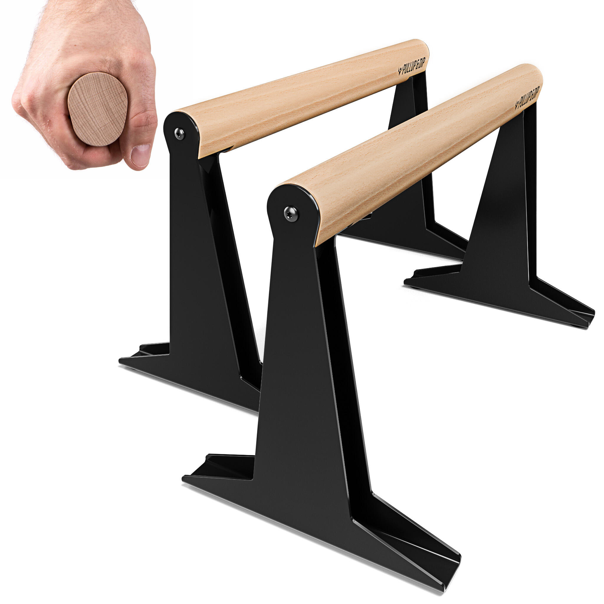 PULLUP & DIP Hochwertige Medium Holz Parallettes mit ergonomischem Holzgriff und Blech Füßen
