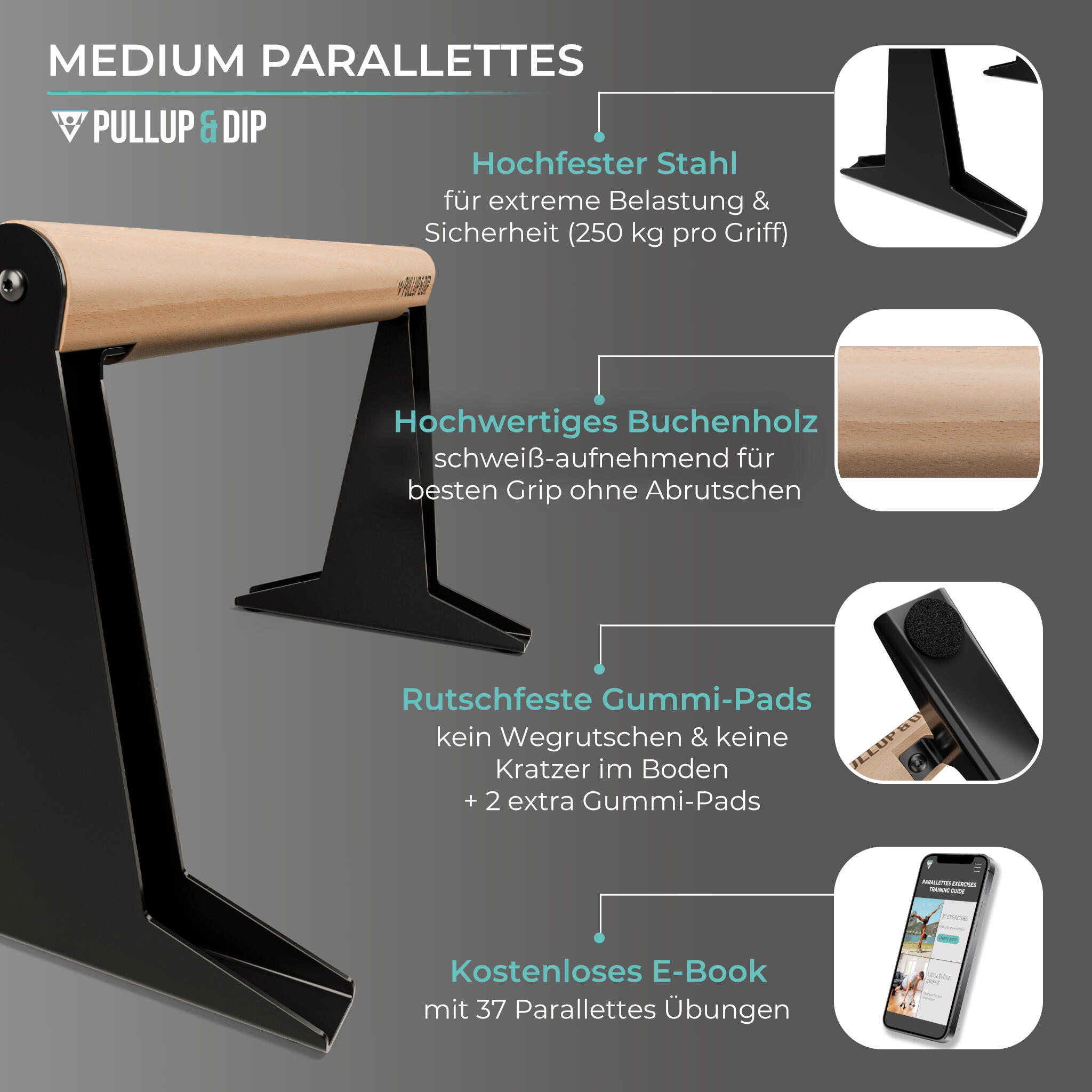 Hochwertige Medium Holz Parallettes mit ergonomischem Holzgriff und Blech Füßen 4/6
