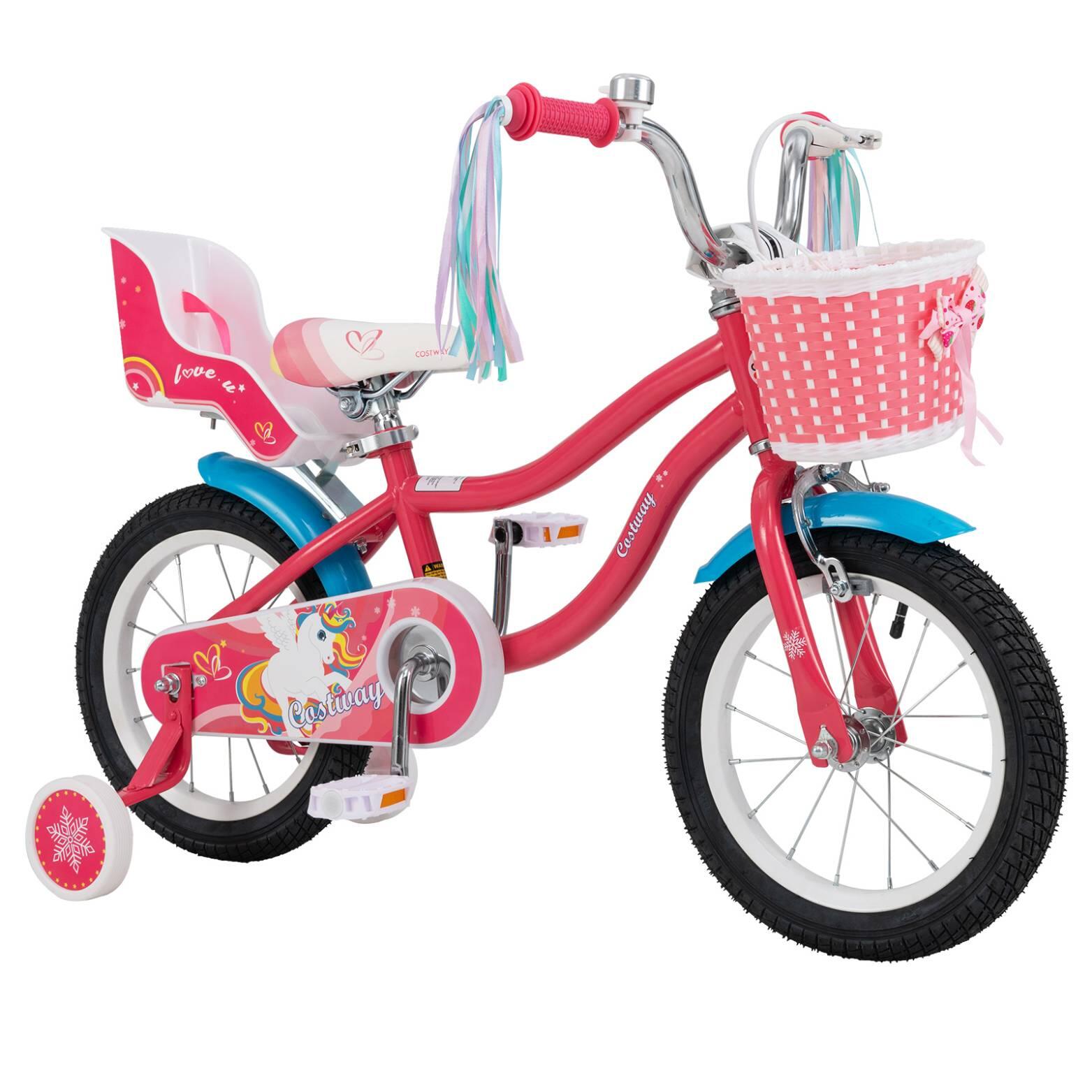 14'' Kids Learning Bikes w/Training Wheels Basket Pink 3-5