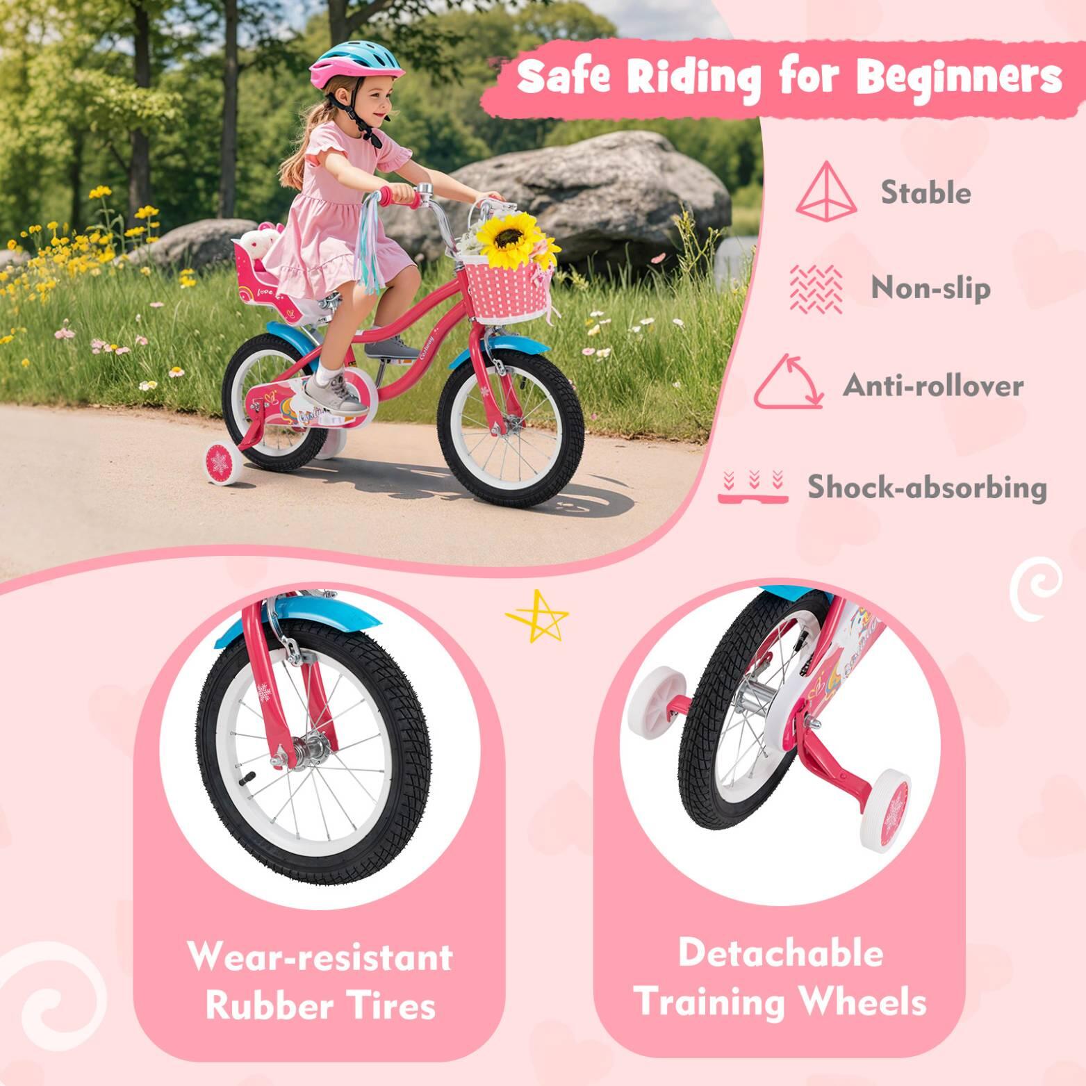 14'' Kids Learning Bikes w/Training Wheels & Basket Pink - 3-5 Years Old