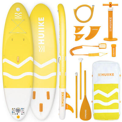 Opblaasbaar supboard met premium accessoires. huiike. geel. hoge stabiliteit