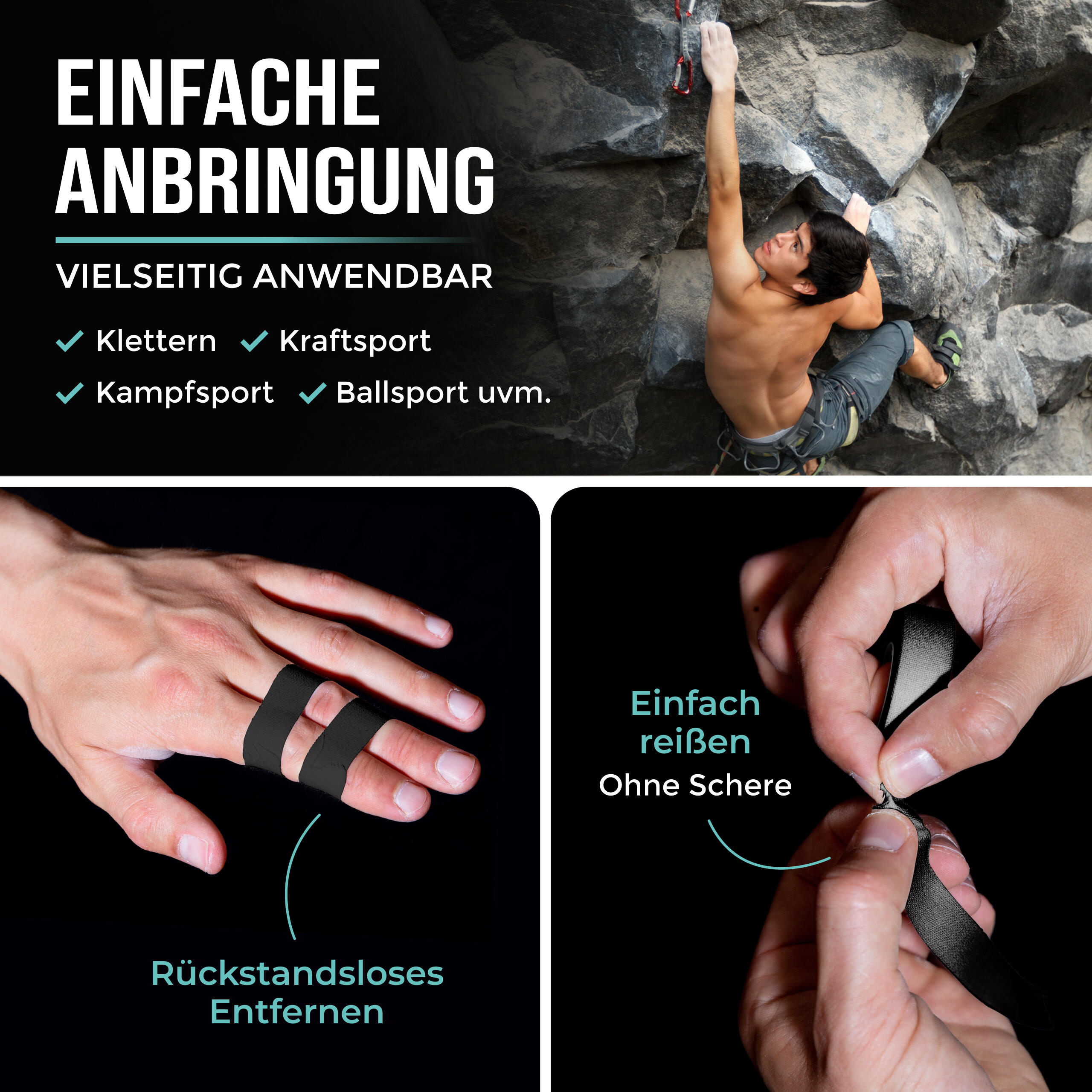 Fingertape mit extra starkem Kleber, 3 Rollen Klettertape (Schwarz) 6/7