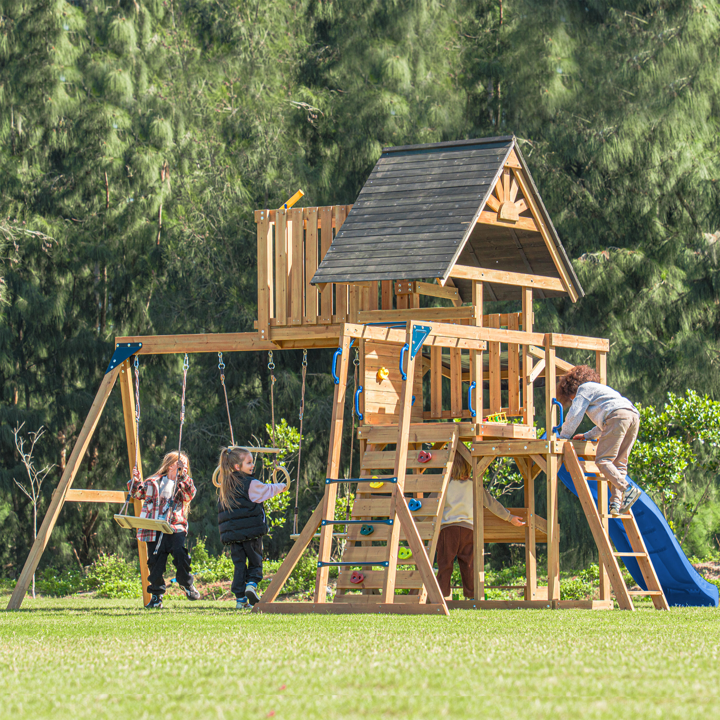 Aire de jeux en Bois Mitch avec 2 Balançoires, Toboggan Bleu 3/7