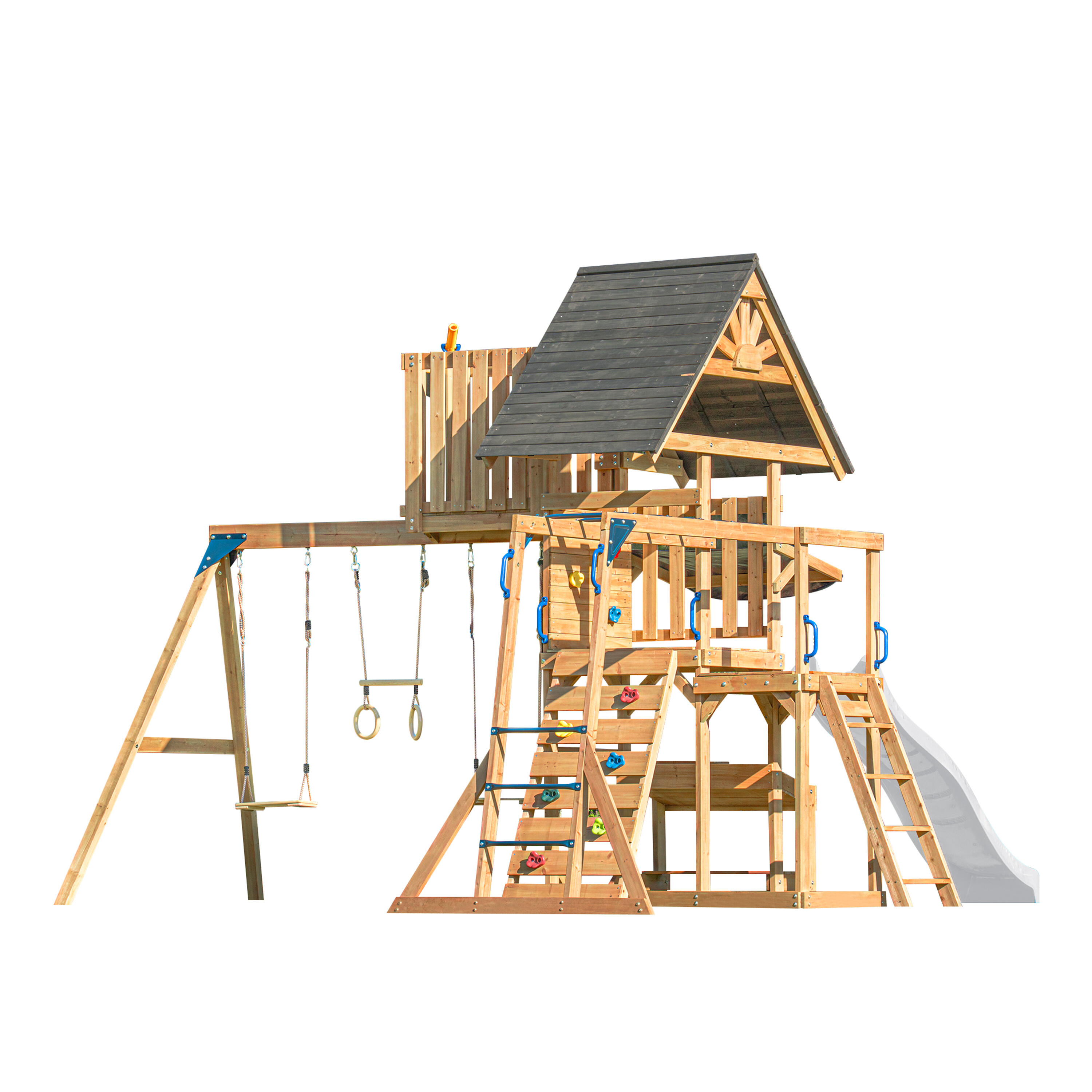 Struttura arrampicata in legno Mitch con 2 altalene, scivolo bianco 2/7