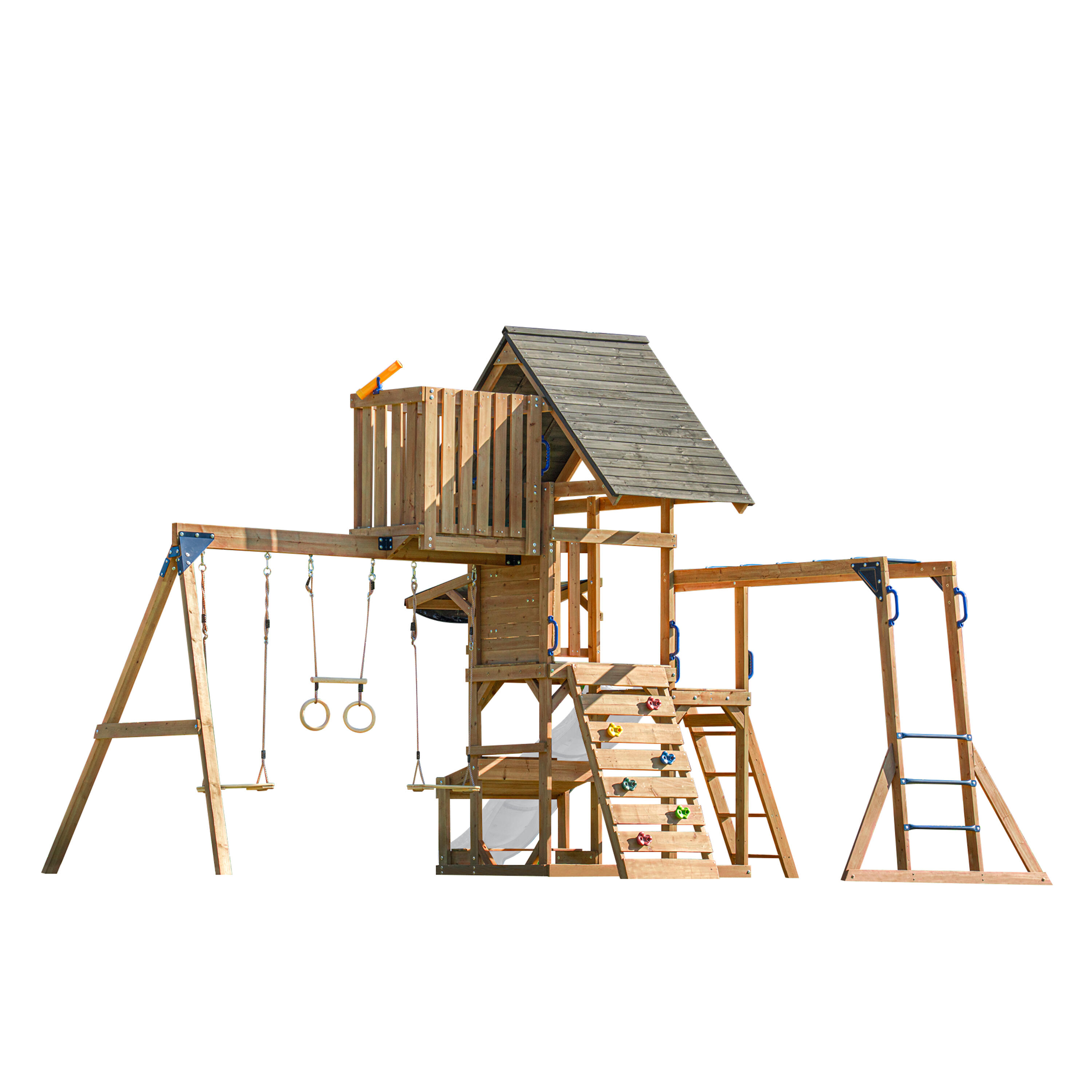 Struttura arrampicata in legno Mitch con 2 altalene, scivolo bianco 6/7