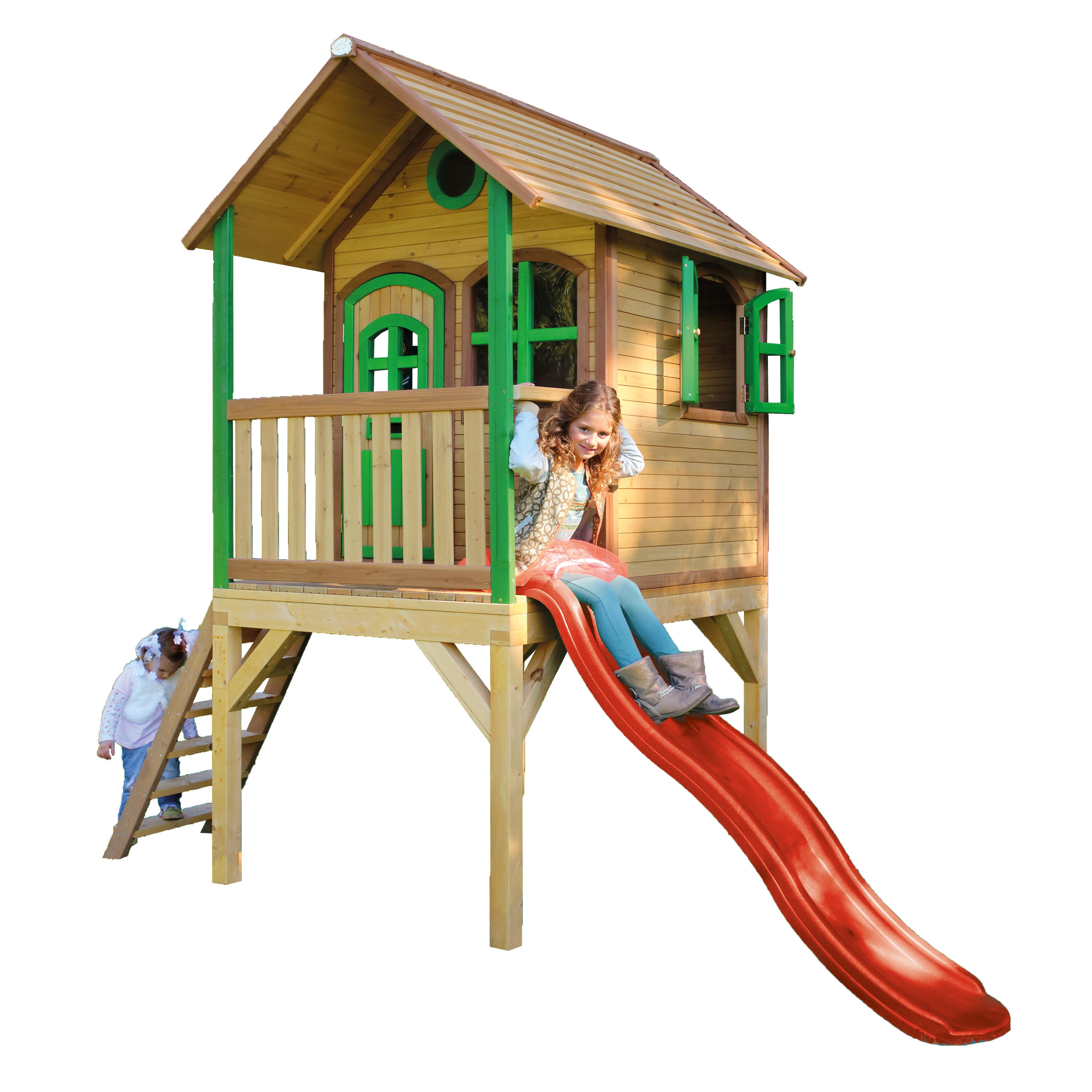Maisonnette de jardin Laura Marron/Verte - Toboggan Rouge 2/7