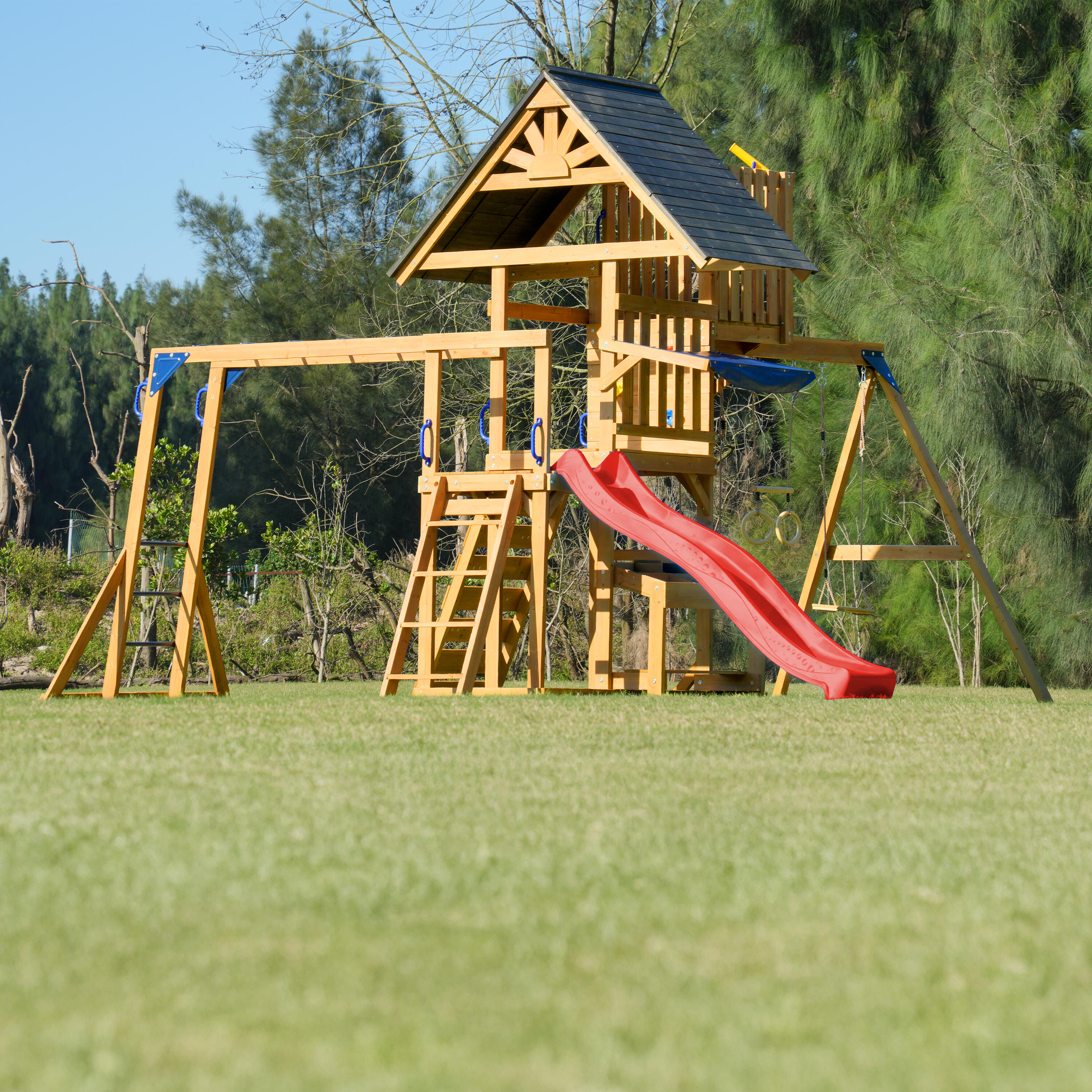 Mitch Spielturm aus Holz mit 2 Schaukeln, Trapez und Turm, Rutsche Rot 7/7
