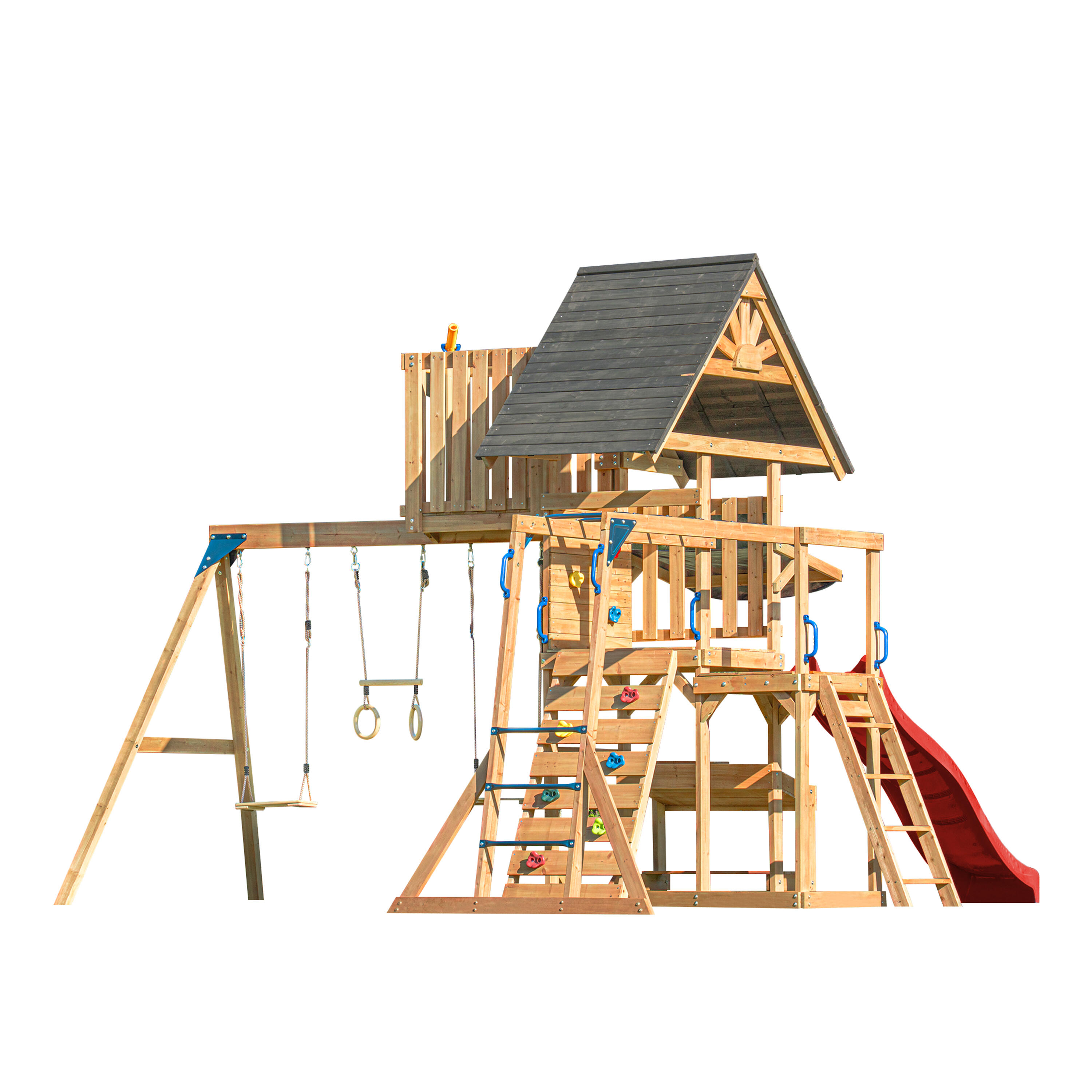 Mitch Spielturm aus Holz mit 2 Schaukeln, Trapez und Turm, Rutsche Rot 6/7