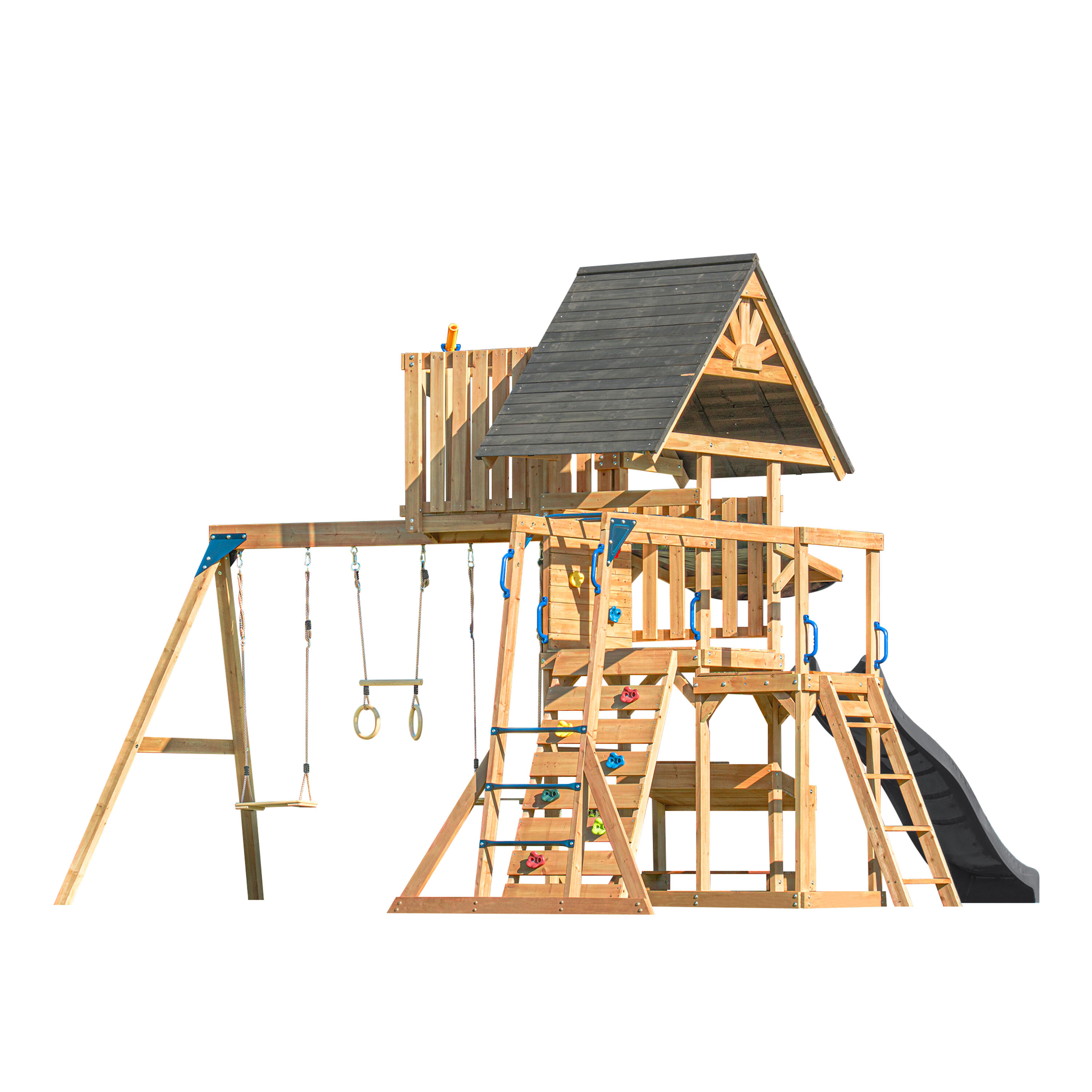 Struttura arrampicata in legno Mitch con 2 altalene, scivolo grigio 2/7