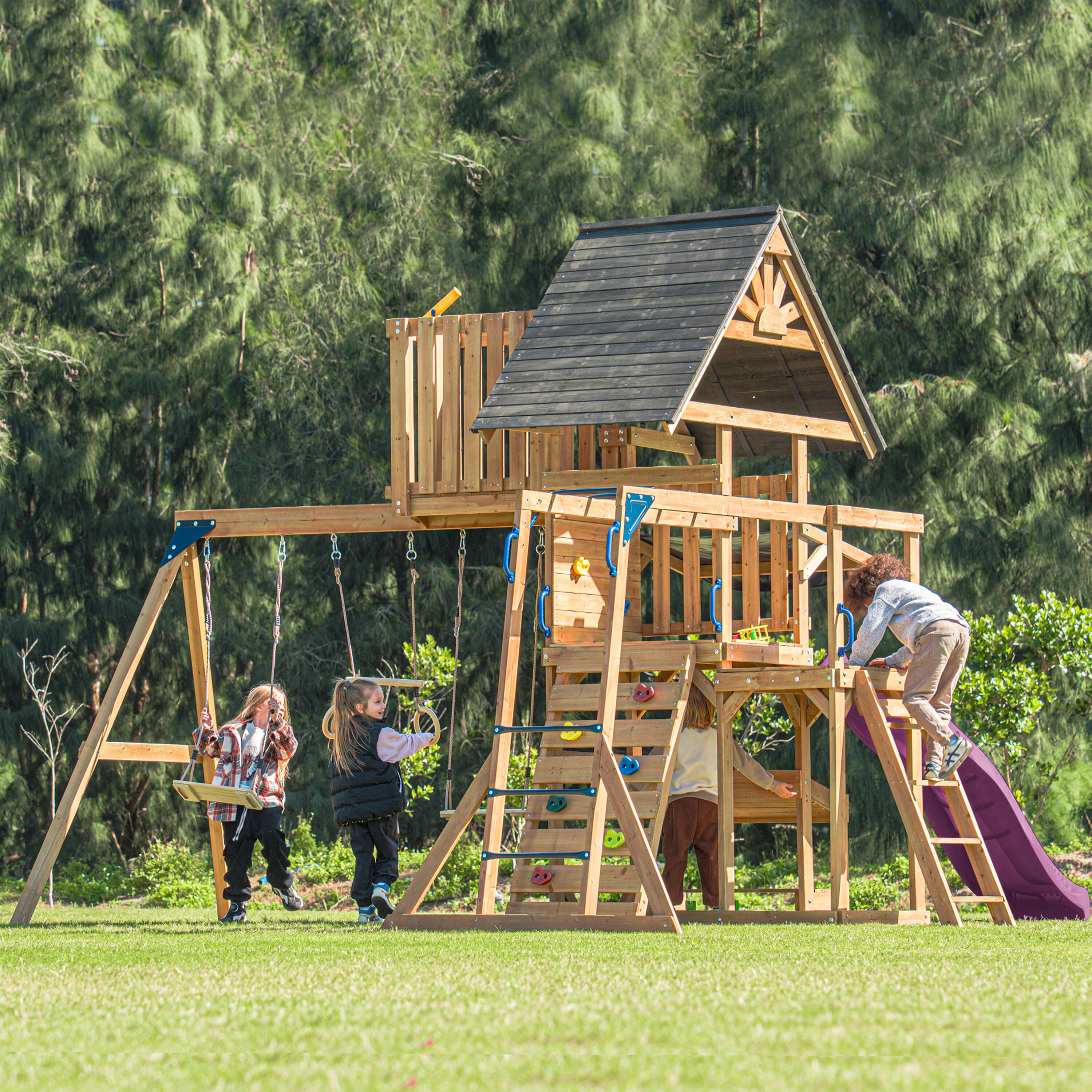 Parque infantil de madera Mitch con 2 columpios y tobogán morado 3/7