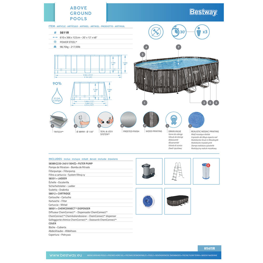 Bestway Power Steel Frame Pool Komplett- Set 610 x 366 x 122 cm 5/7