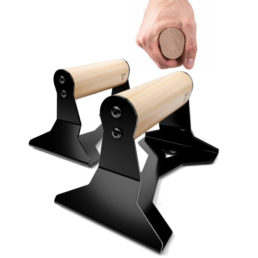 PULLUP & DIP Liegestützgriffe mit ergonomischem Holz Griff und hochbelastbarem Stahl