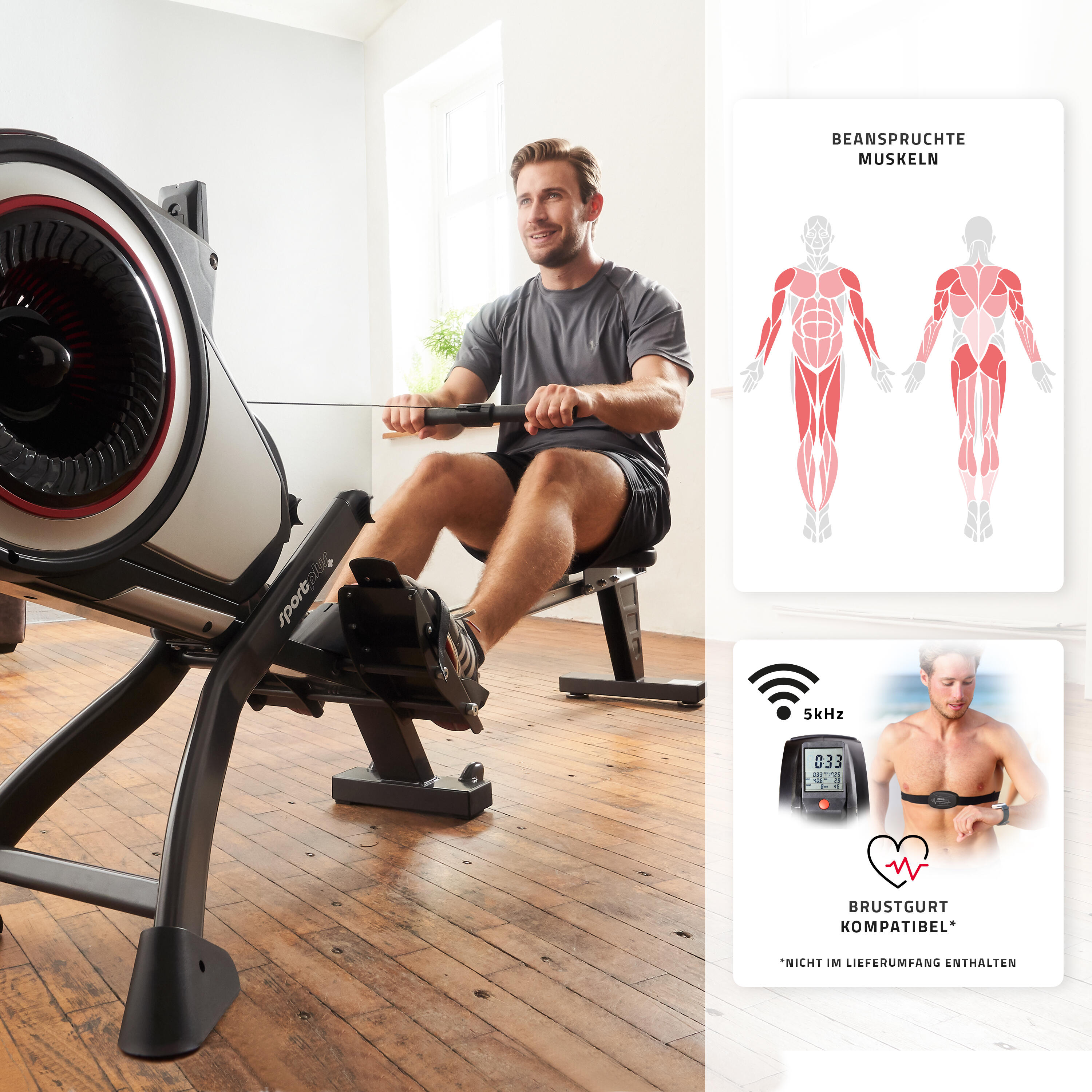 Rameur SportPlus à résistance à air, 8 niveaux, écran, fréquence cardiaque 3/7