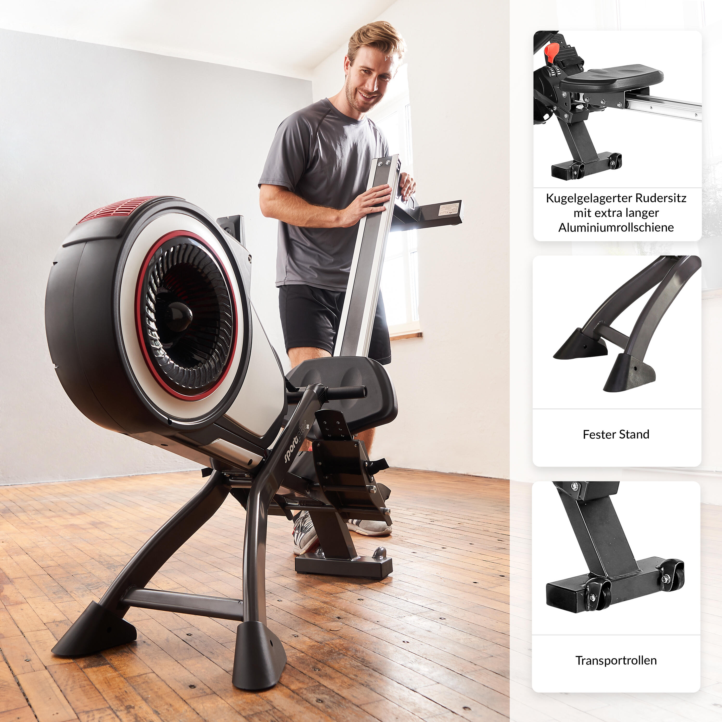 Rameur SportPlus à résistance à air, 8 niveaux, écran, fréquence cardiaque 2/7
