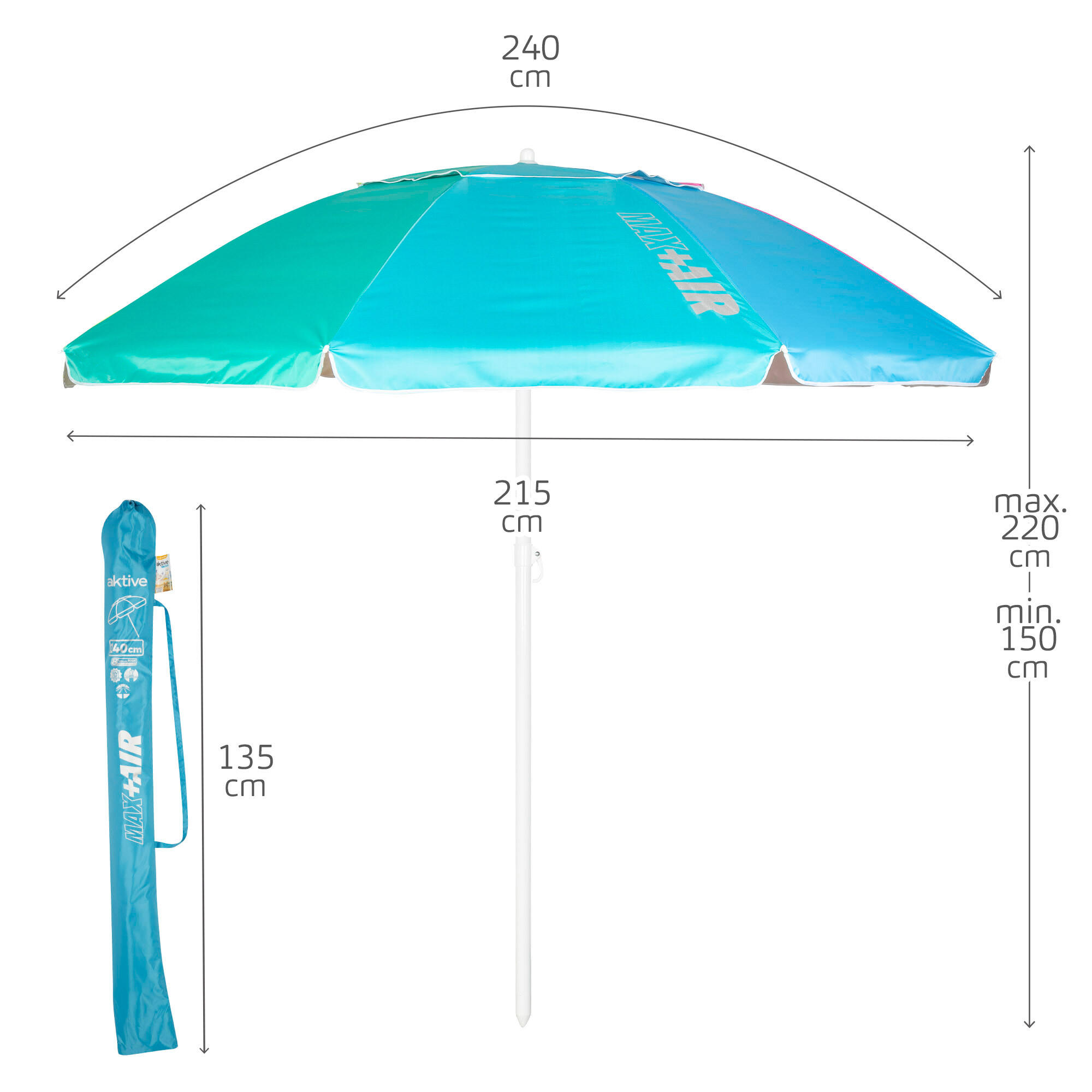 Aktive Parapluie de plage coupe-vent 8 mâts 240 cm multicolore avec ventilation 4/7
