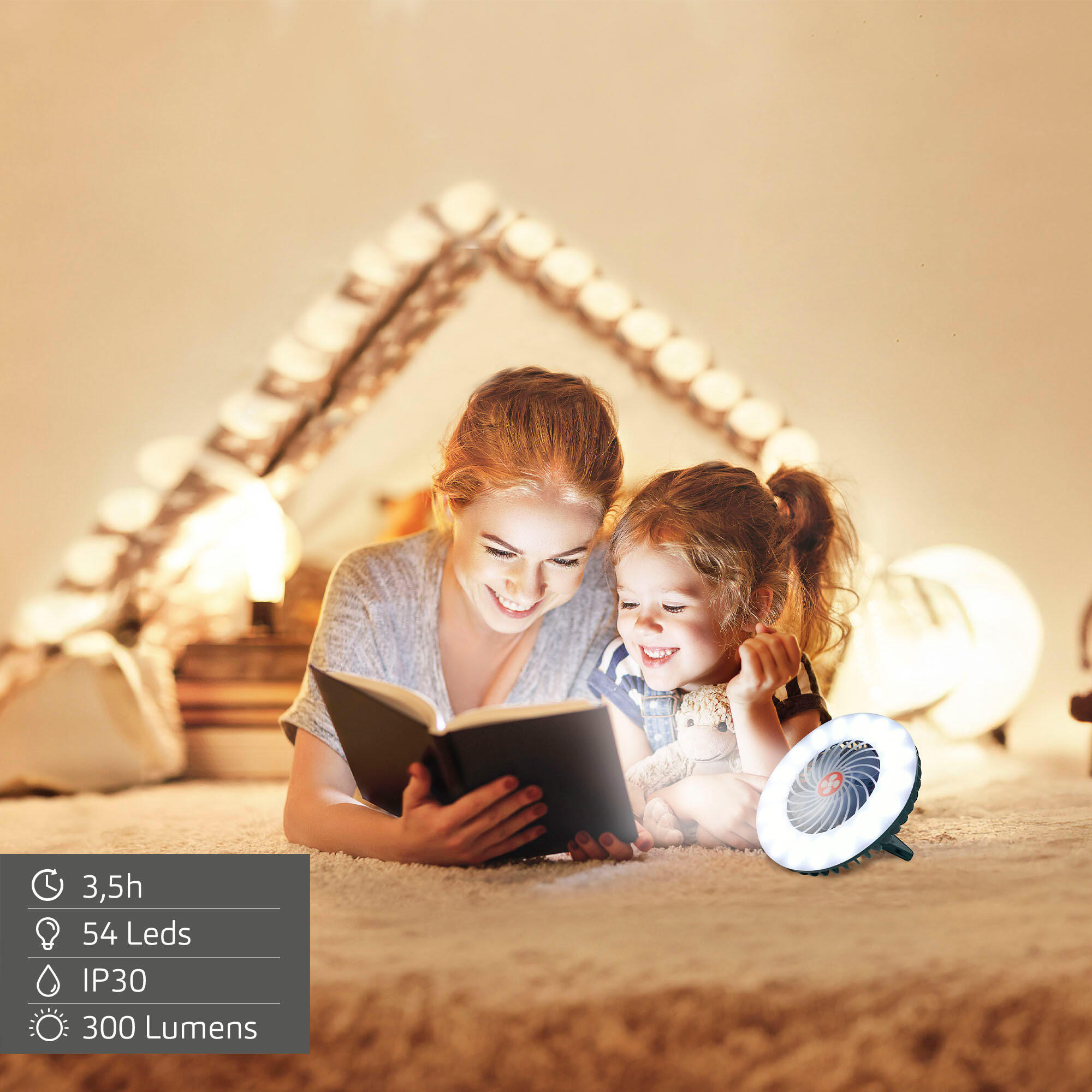 Aktive Lâmpada LED portátil recarregável com ventilador e carregador USB 5/7