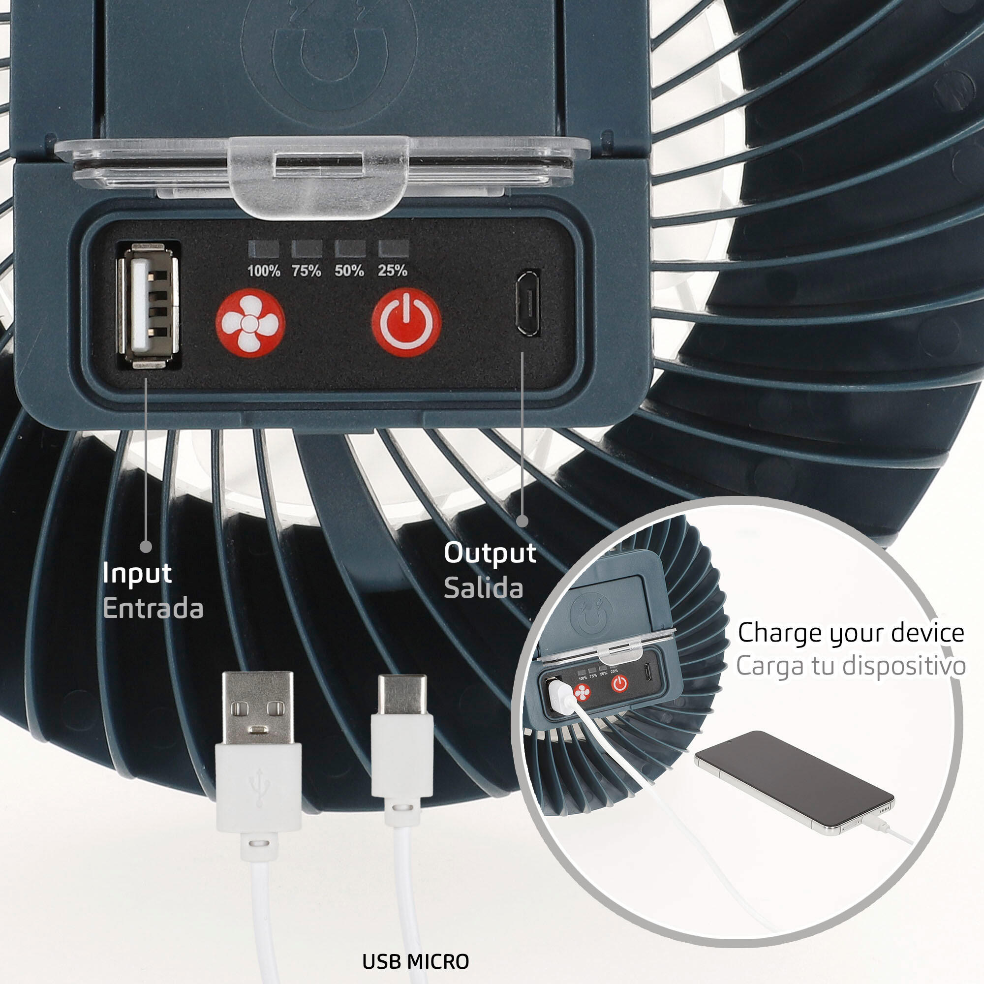 Aktive Lâmpada LED portátil recarregável com ventilador e carregador USB 3/7