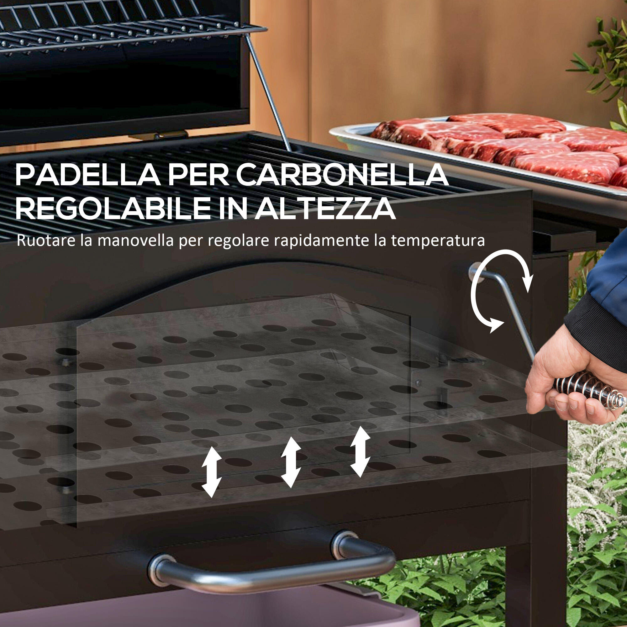 Outsunny Barbecue da Giardino a 2 Ruote in Metallo e Ghisa 124x66x112 cm Nero 7/7