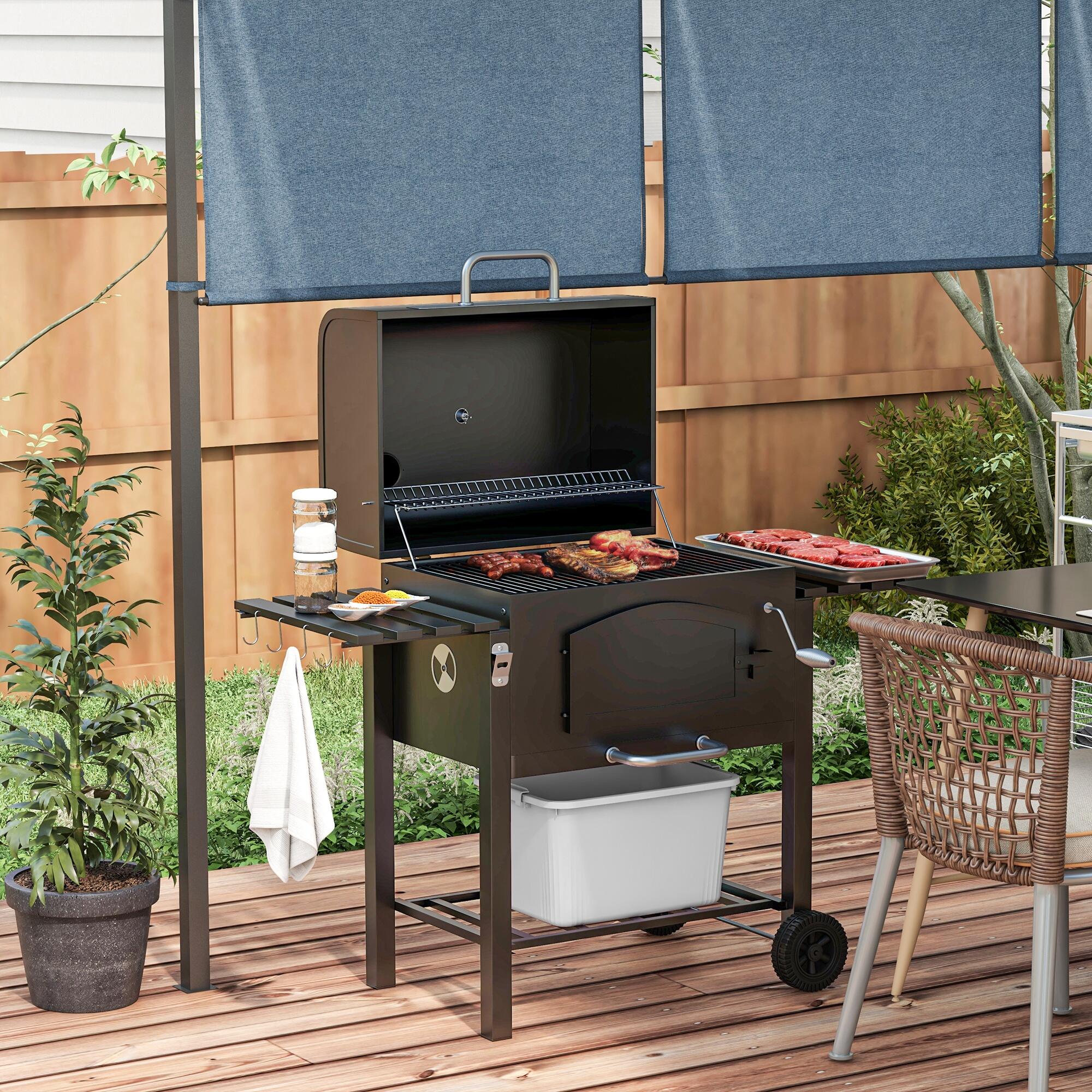 Outsunny Barbecue da Giardino a 2 Ruote in Metallo e Ghisa 124x66x112 cm Nero 2/7
