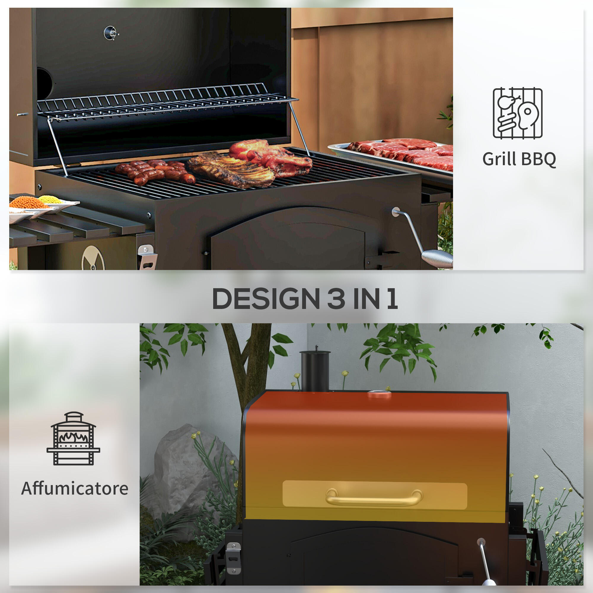 Outsunny Barbecue da Giardino a 2 Ruote in Metallo e Ghisa 124x66x112 cm Nero 4/7