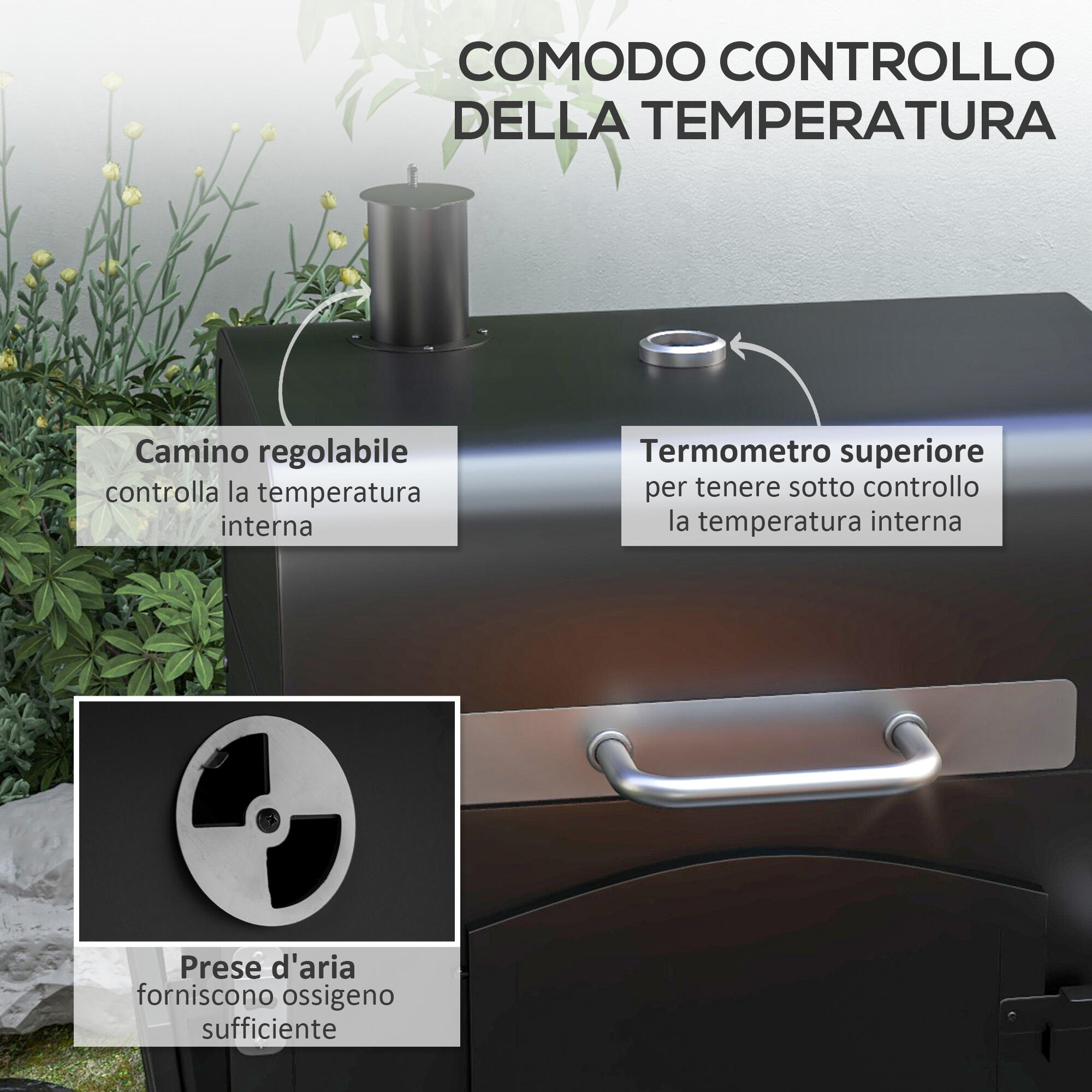 Outsunny Barbecue da Giardino a 2 Ruote in Metallo e Ghisa 124x66x112 cm Nero 5/7