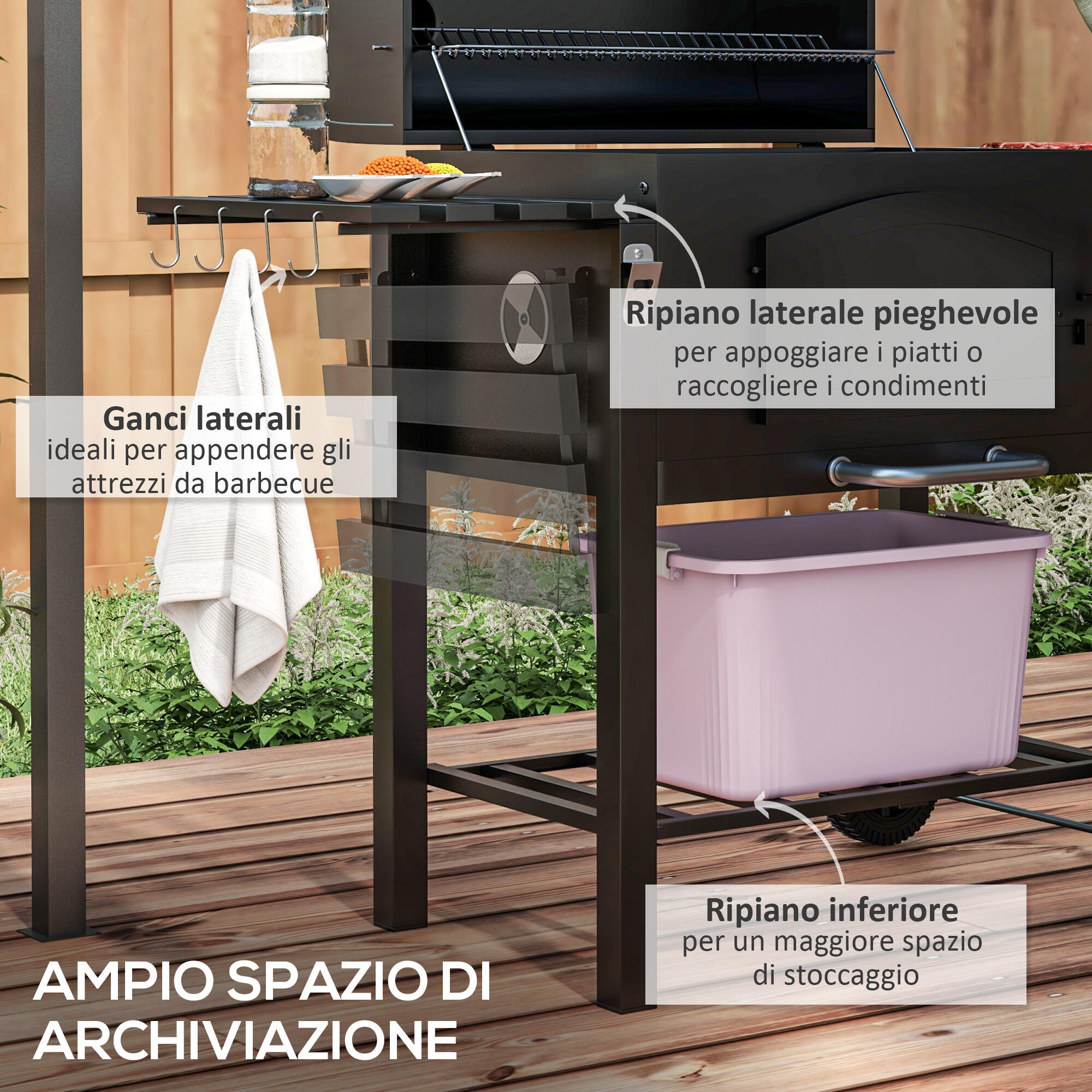 Outsunny Barbecue da Giardino a 2 Ruote in Metallo e Ghisa 124x66x112 cm Nero 6/7