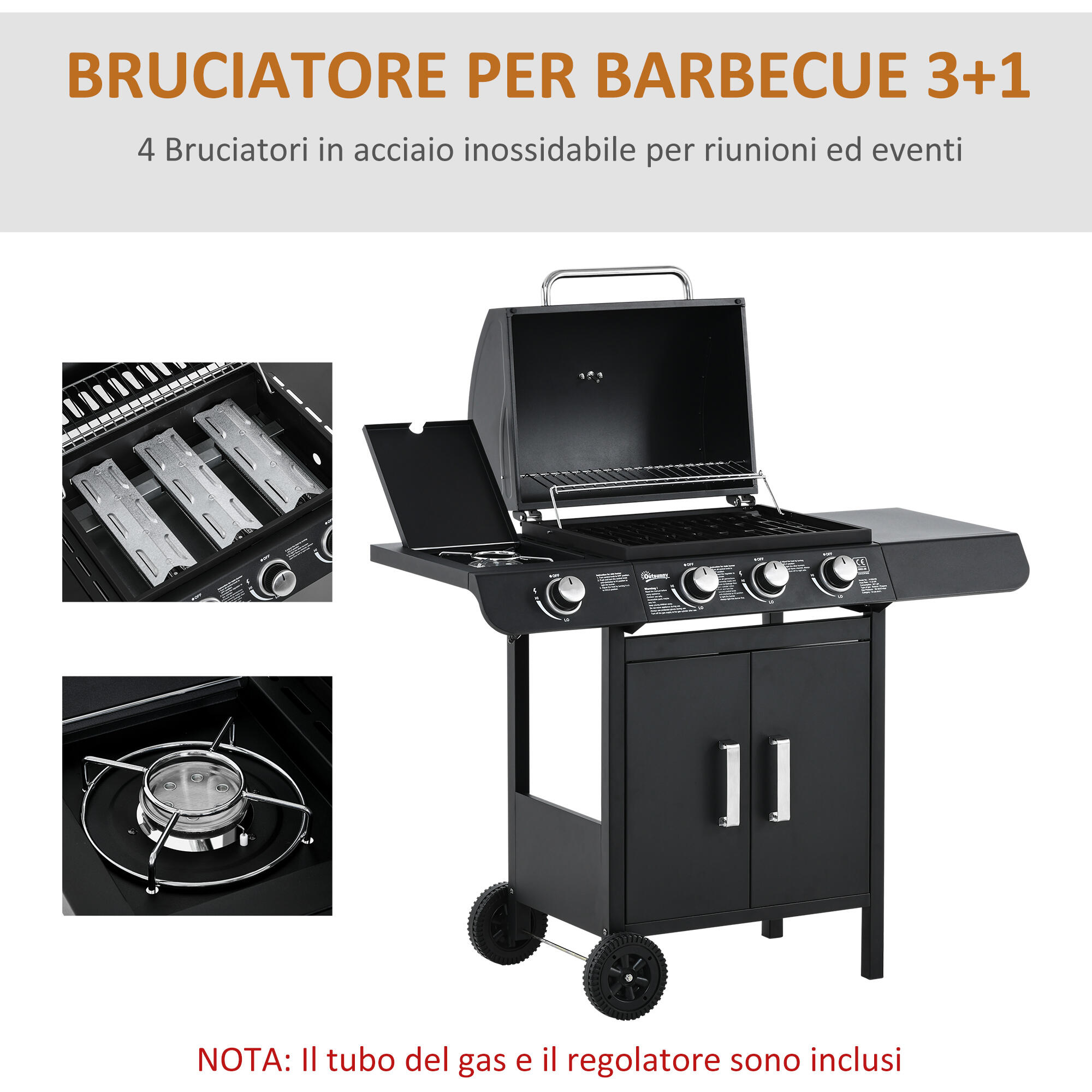 Outsunny Barbecue a Gas con Coperchio e Termometro, Fornello Laterale e 2 Ruote 5/7