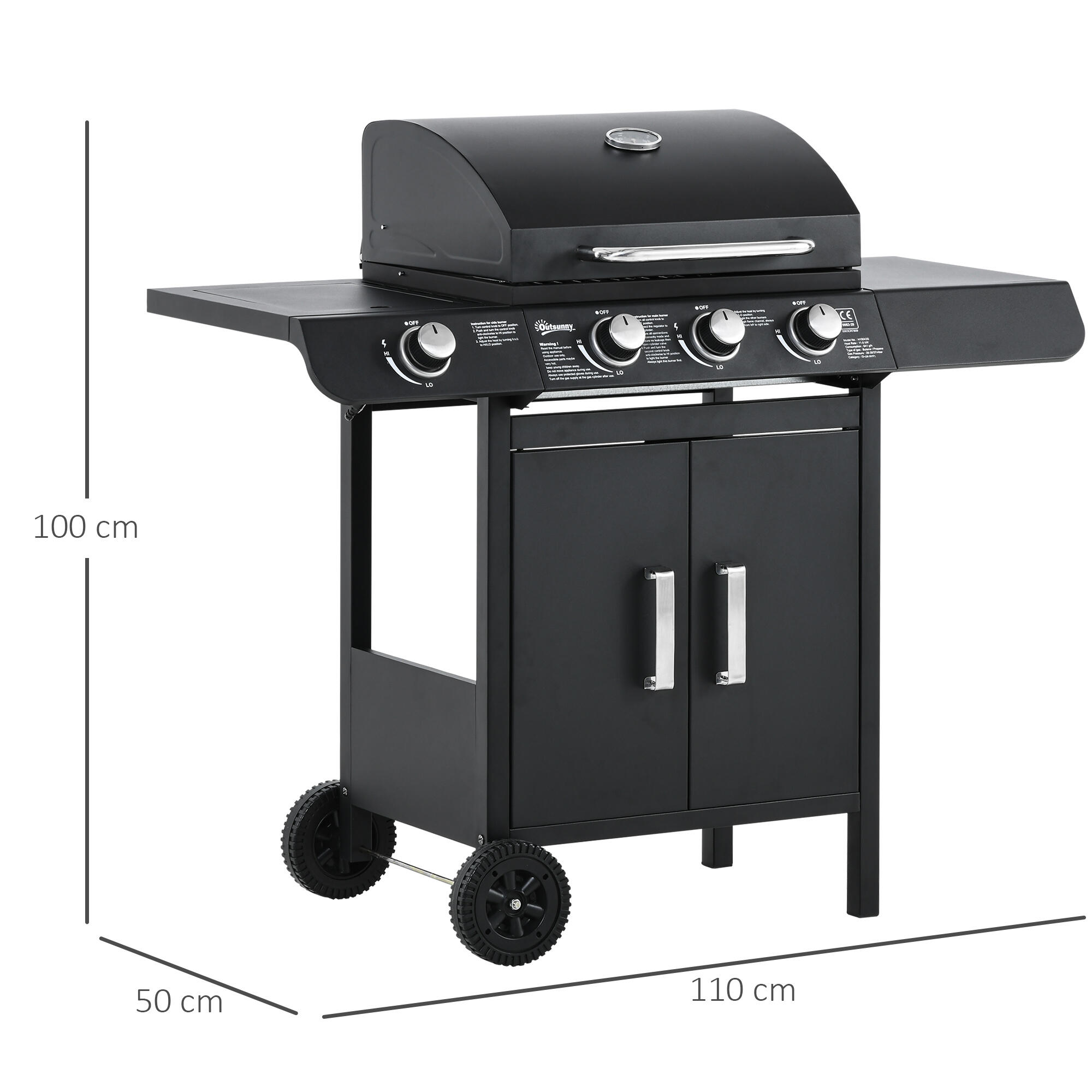 Outsunny Barbecue a Gas con Coperchio e Termometro, Fornello Laterale e 2 Ruote 3/7