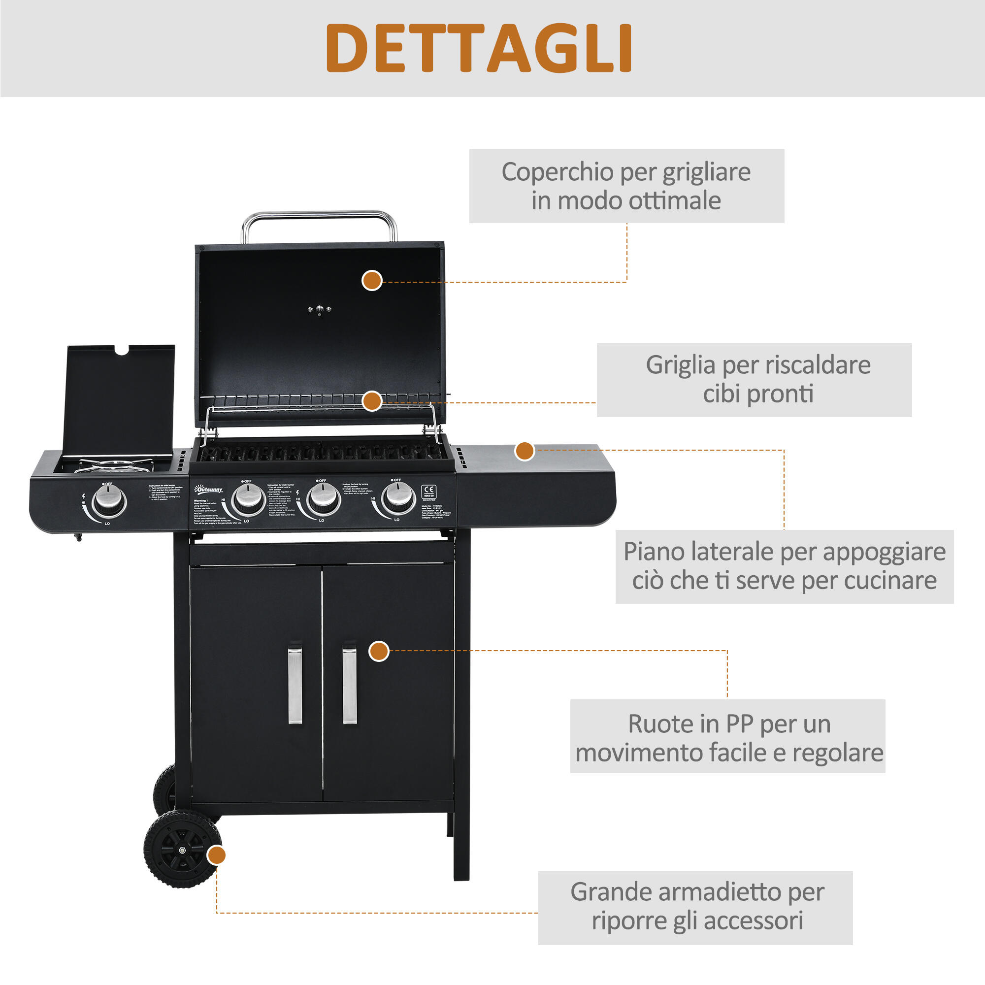Outsunny Barbecue a Gas con Coperchio e Termometro, Fornello Laterale e 2 Ruote 7/7