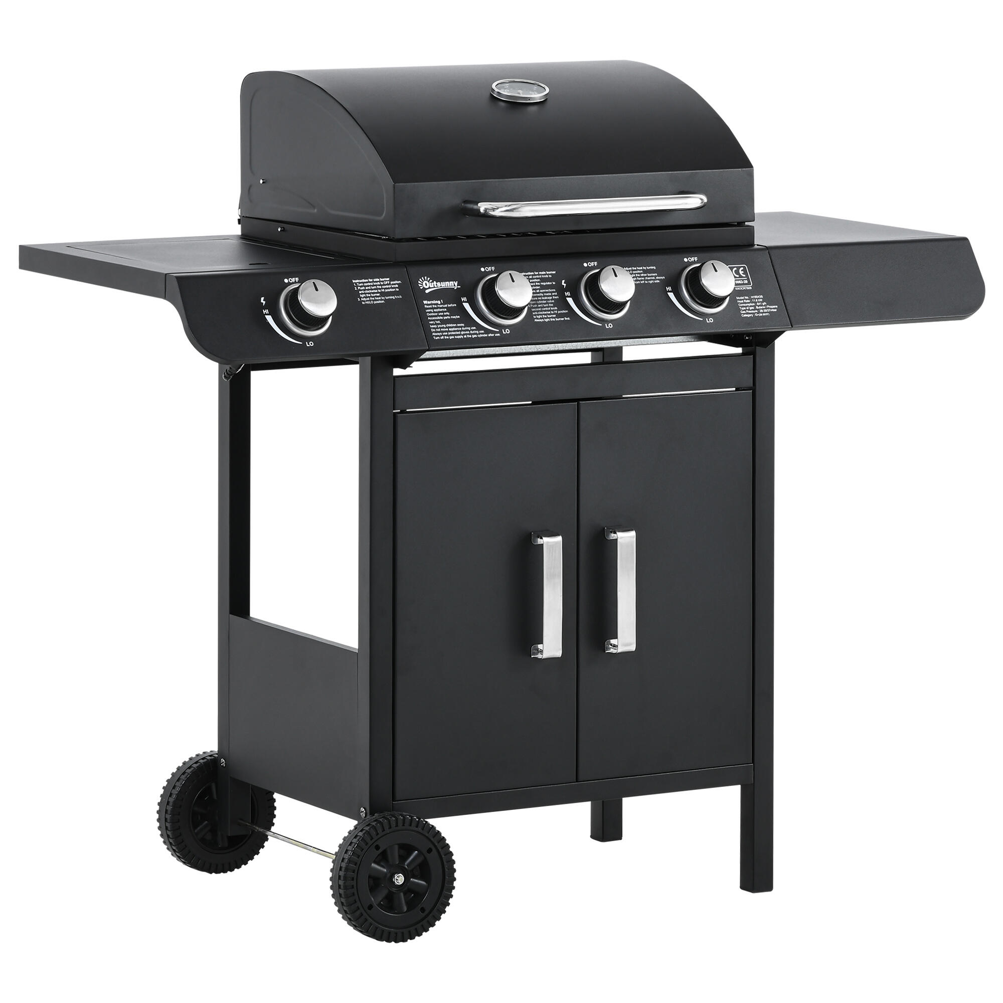 Outsunny Barbecue a Gas con Coperchio e Termometro, Fornello Laterale e 2 Ruote 1/7