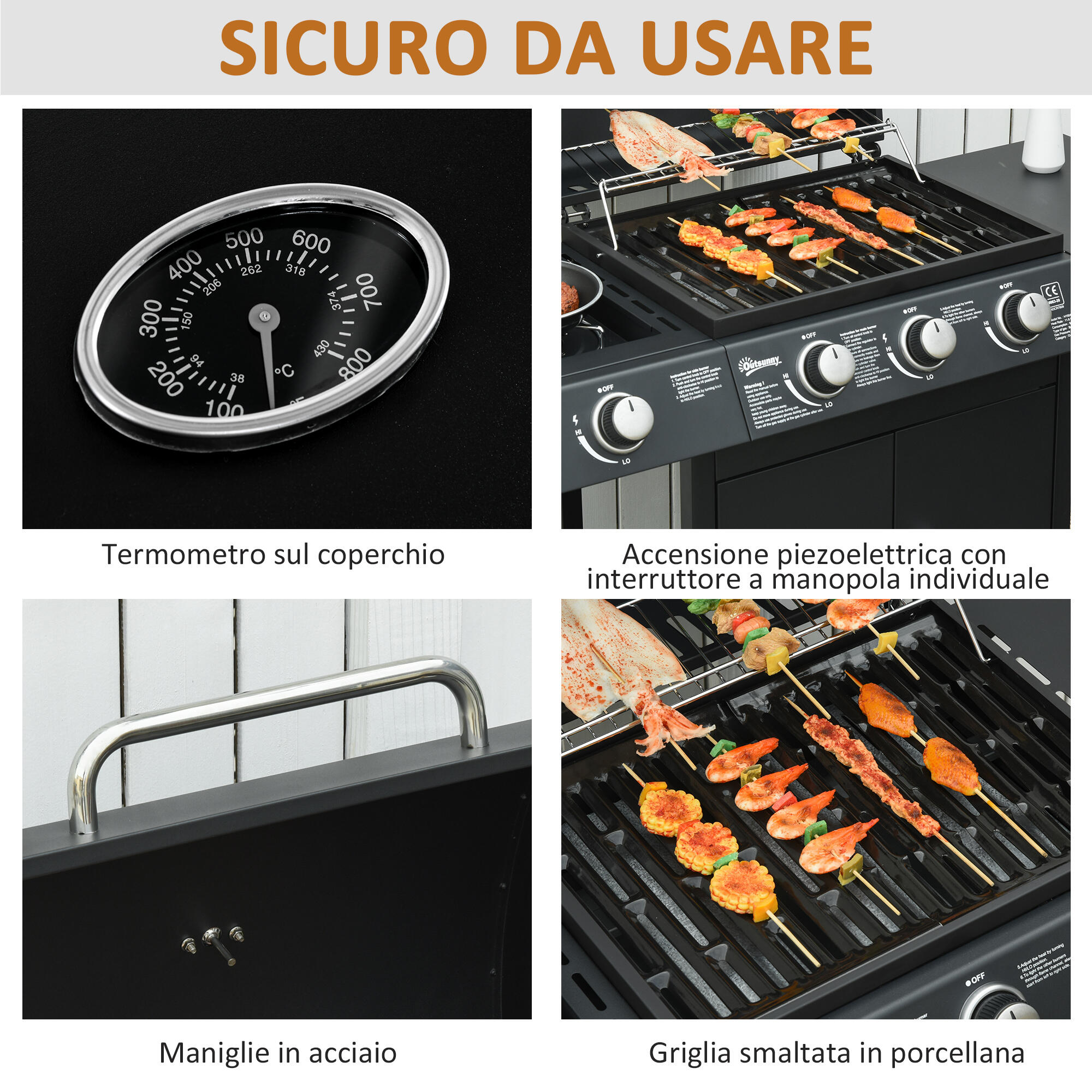 Outsunny Barbecue a Gas con Coperchio e Termometro, Fornello Laterale e 2 Ruote 6/7