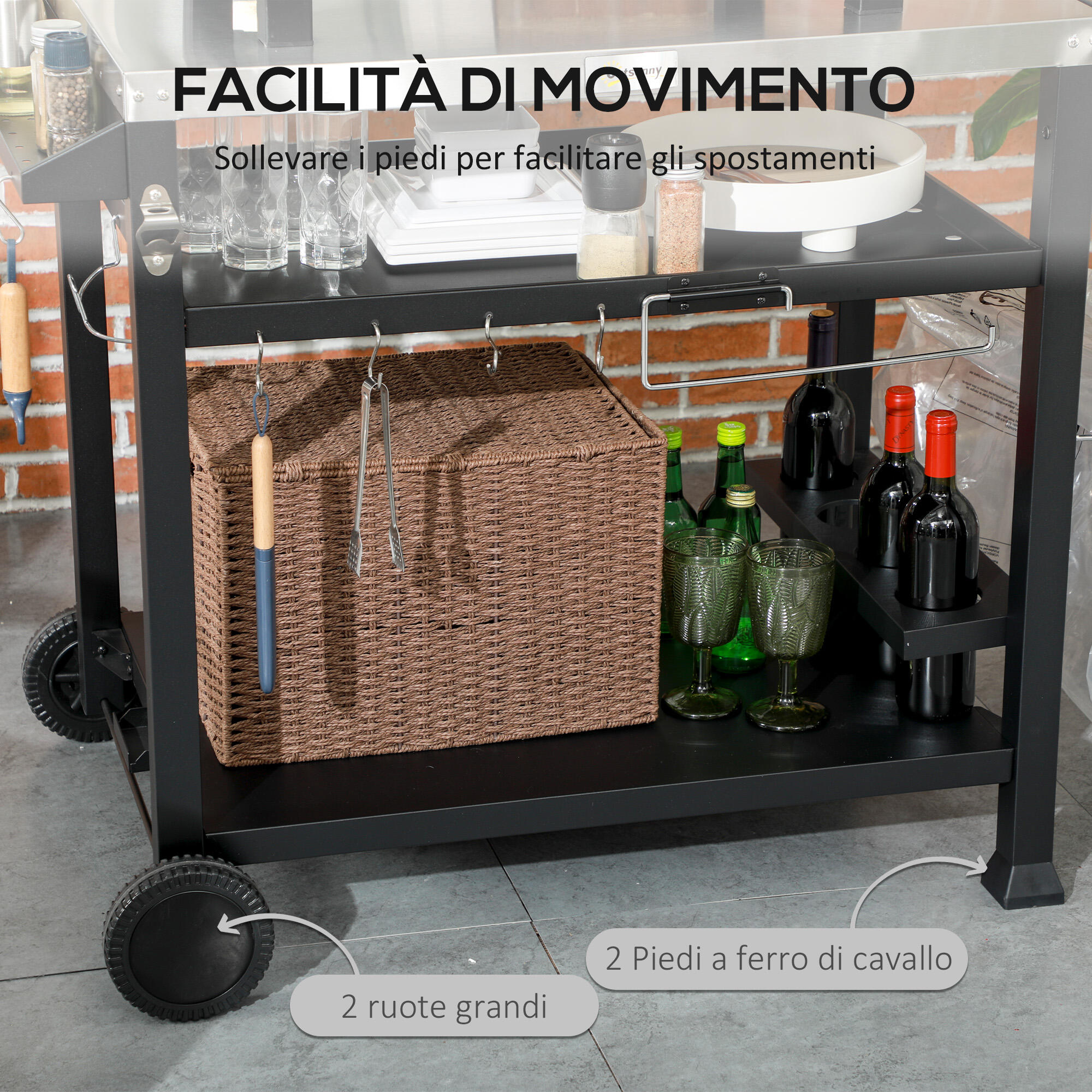 Outsunny Carrello Barbecue con Tavolino Pieghevole in Acciaio Inox Nero 4/8