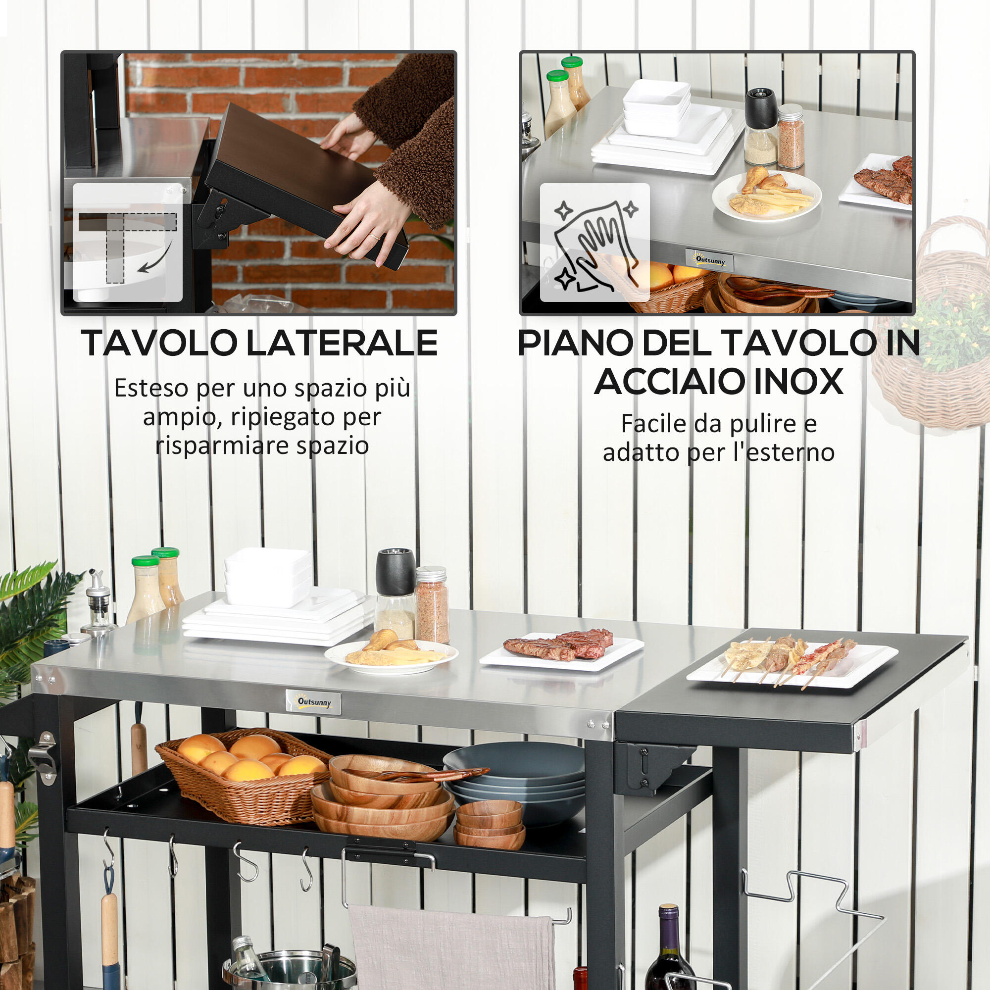 Outsunny Carrello Barbecue con Tavolino Pieghevole in Acciaio Inox Nero 5/8