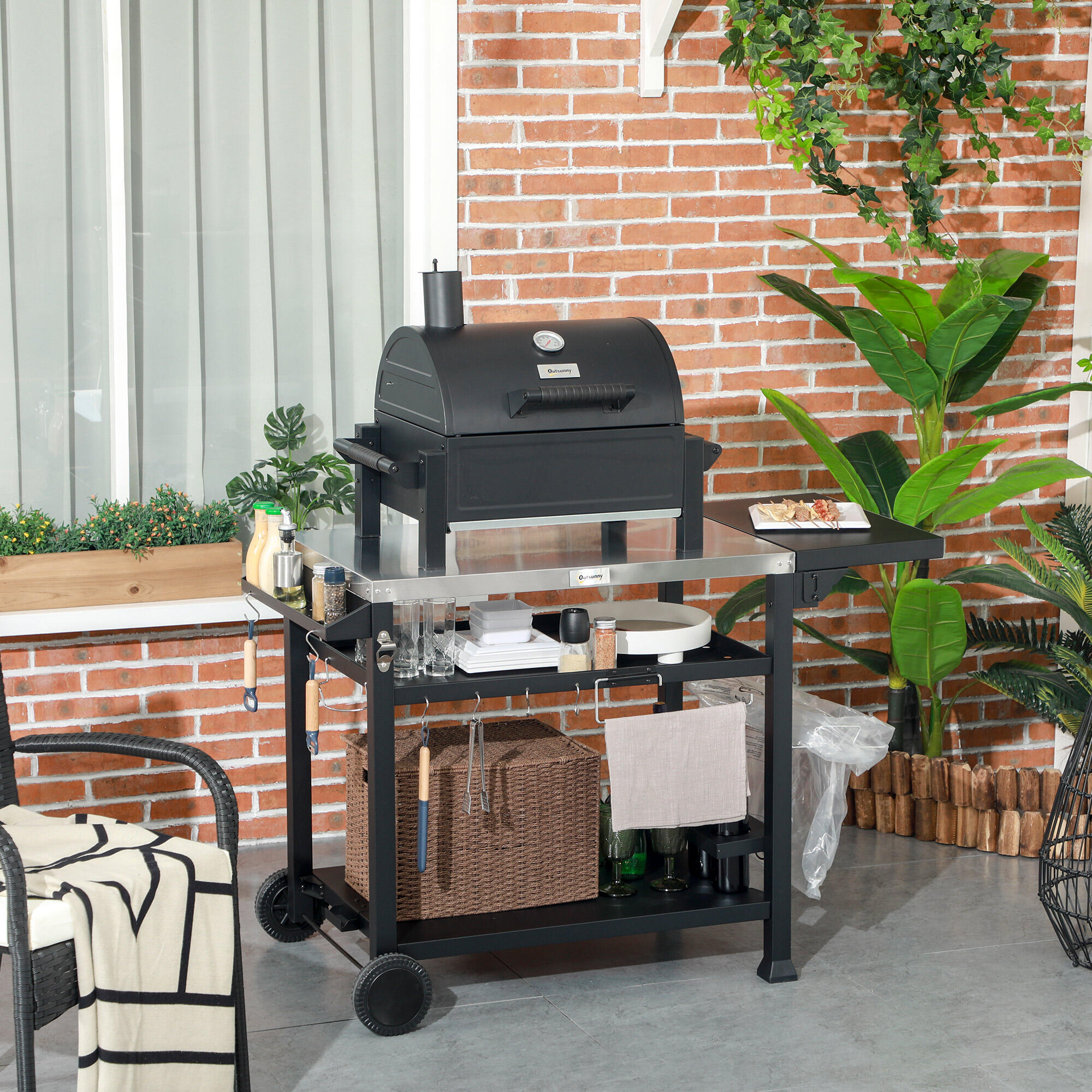 Outsunny Carrello Barbecue con Tavolino Pieghevole in Acciaio Inox Nero 2/8