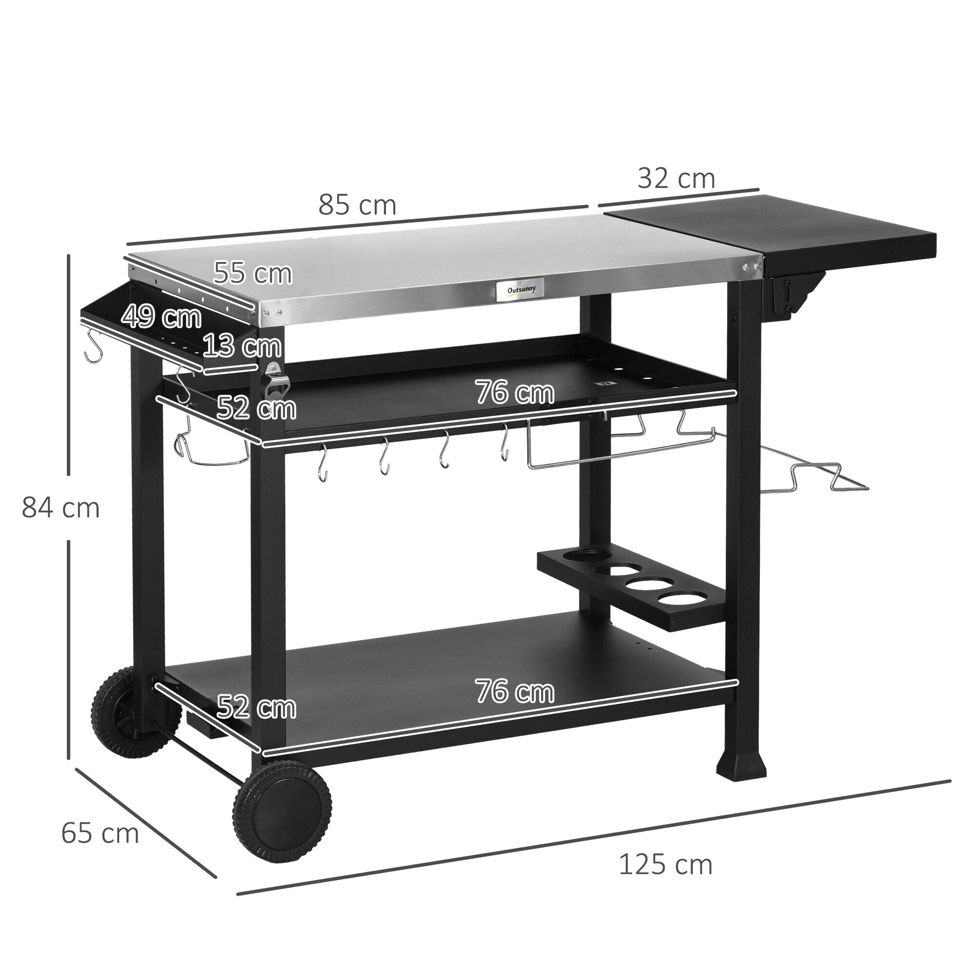 Outsunny Carrello Barbecue con Tavolino Pieghevole in Acciaio Inox Nero 3/8