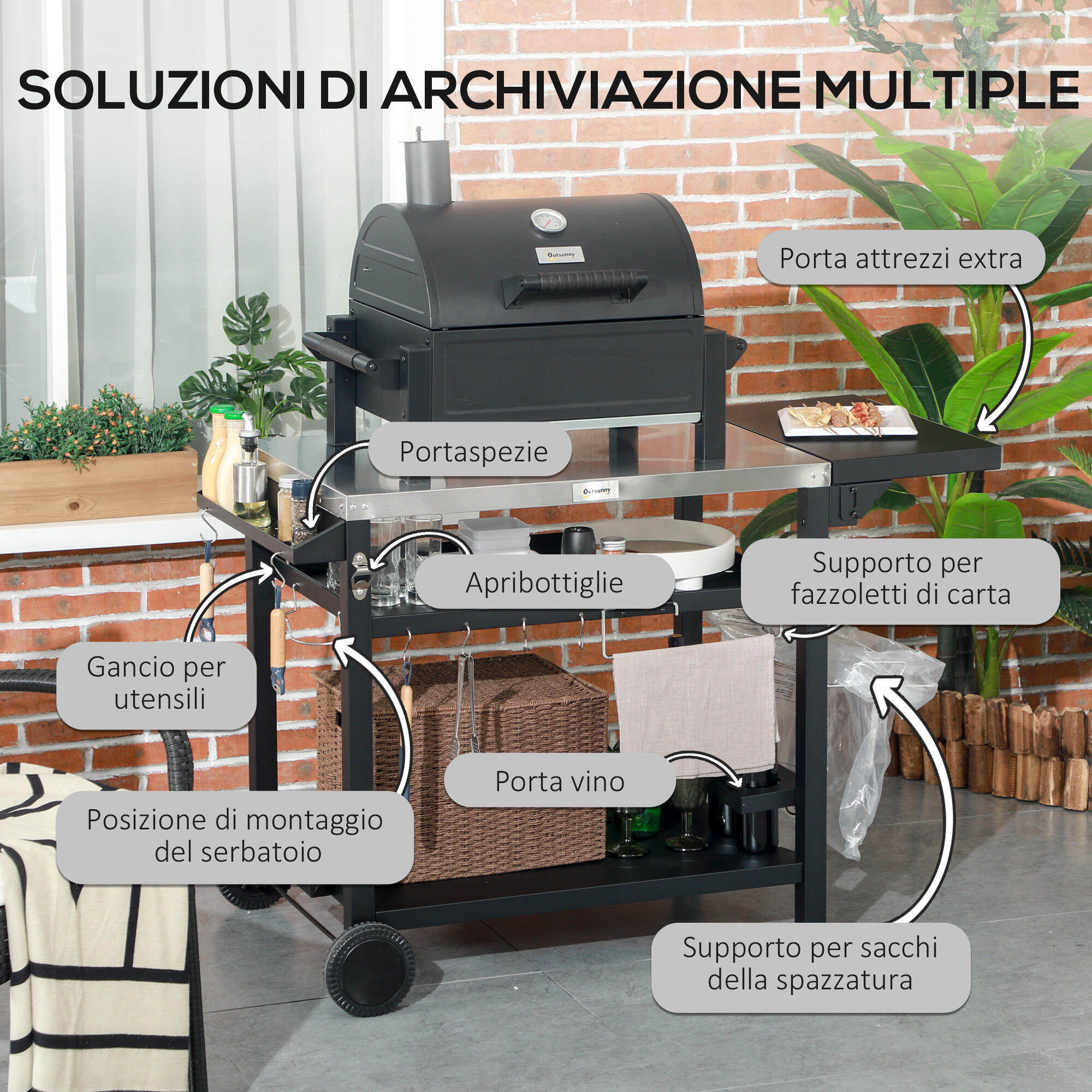 Outsunny Carrello Barbecue con Tavolino Pieghevole in Acciaio Inox Nero 6/8