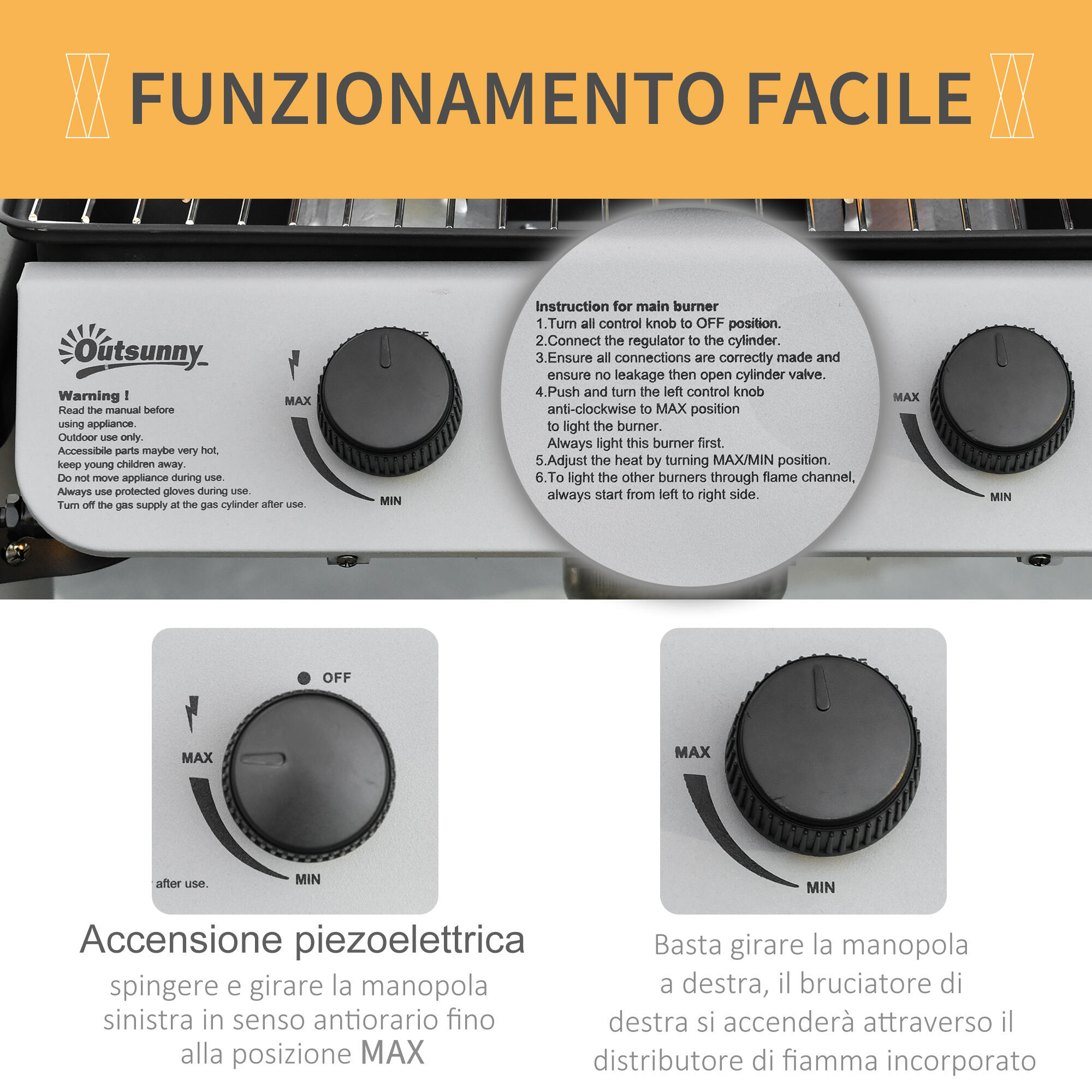 Outsunny Barbecue a Gas in Acciaio 2 Fuochi da 2.8kW con Coperchio Mensole Ruote 5/7