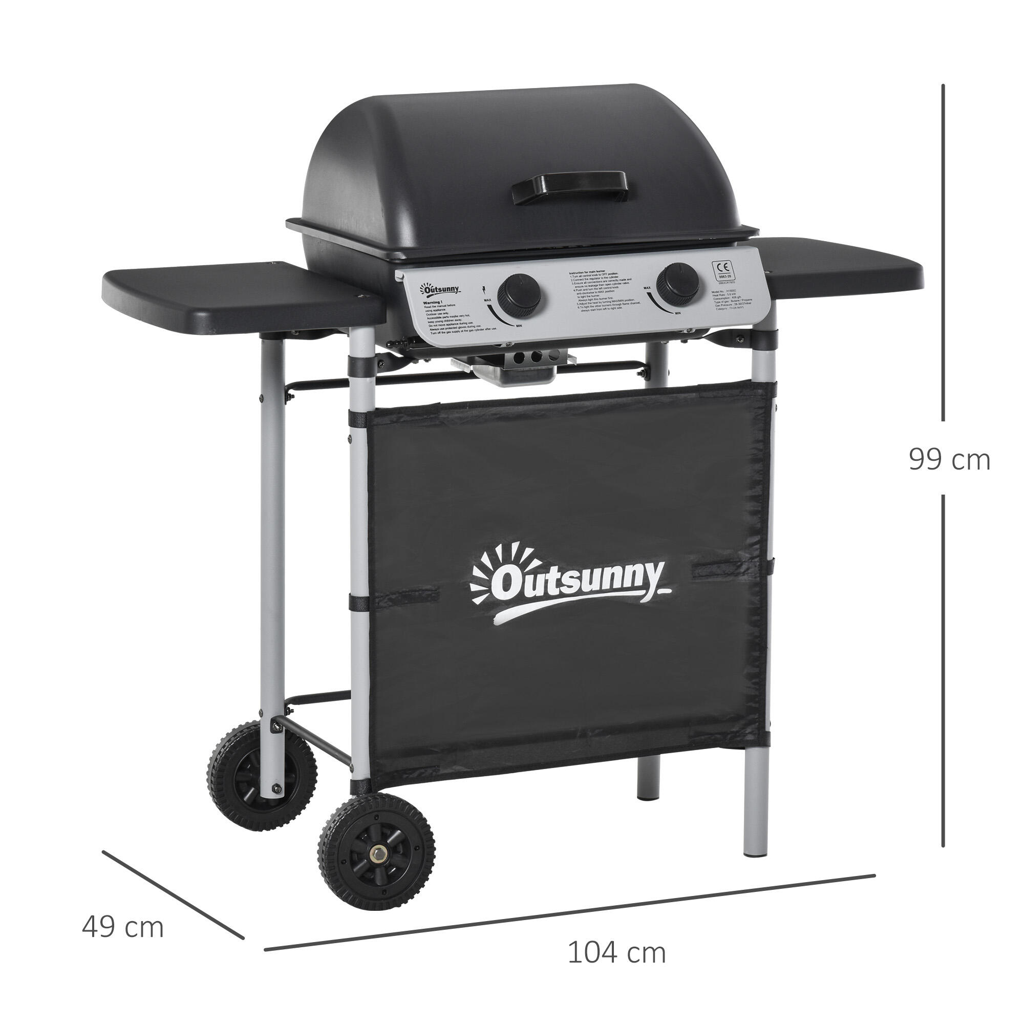 Outsunny Barbecue a Gas in Acciaio 2 Fuochi da 2.8kW con Coperchio Mensole Ruote 3/7