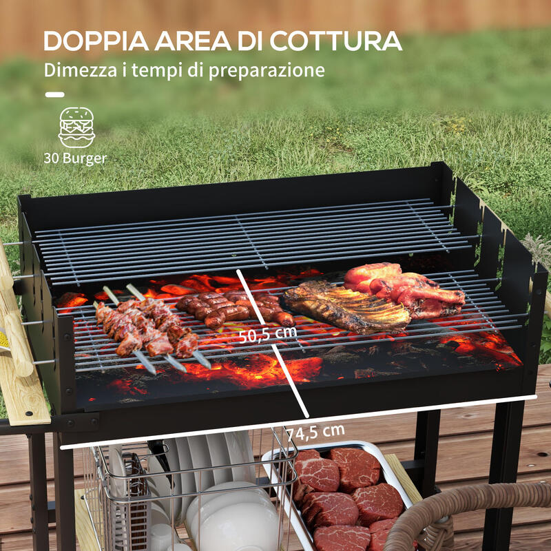 Grătar de cărbune Outsunny cu înălțime reglabilă și roți, negru