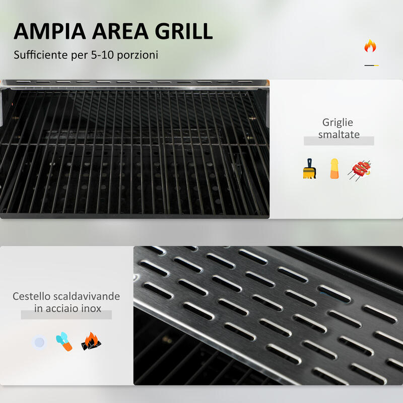 Outsunny Grătar cu Cărbune cu Capac, Grătar Reglabil Și Roți Negre