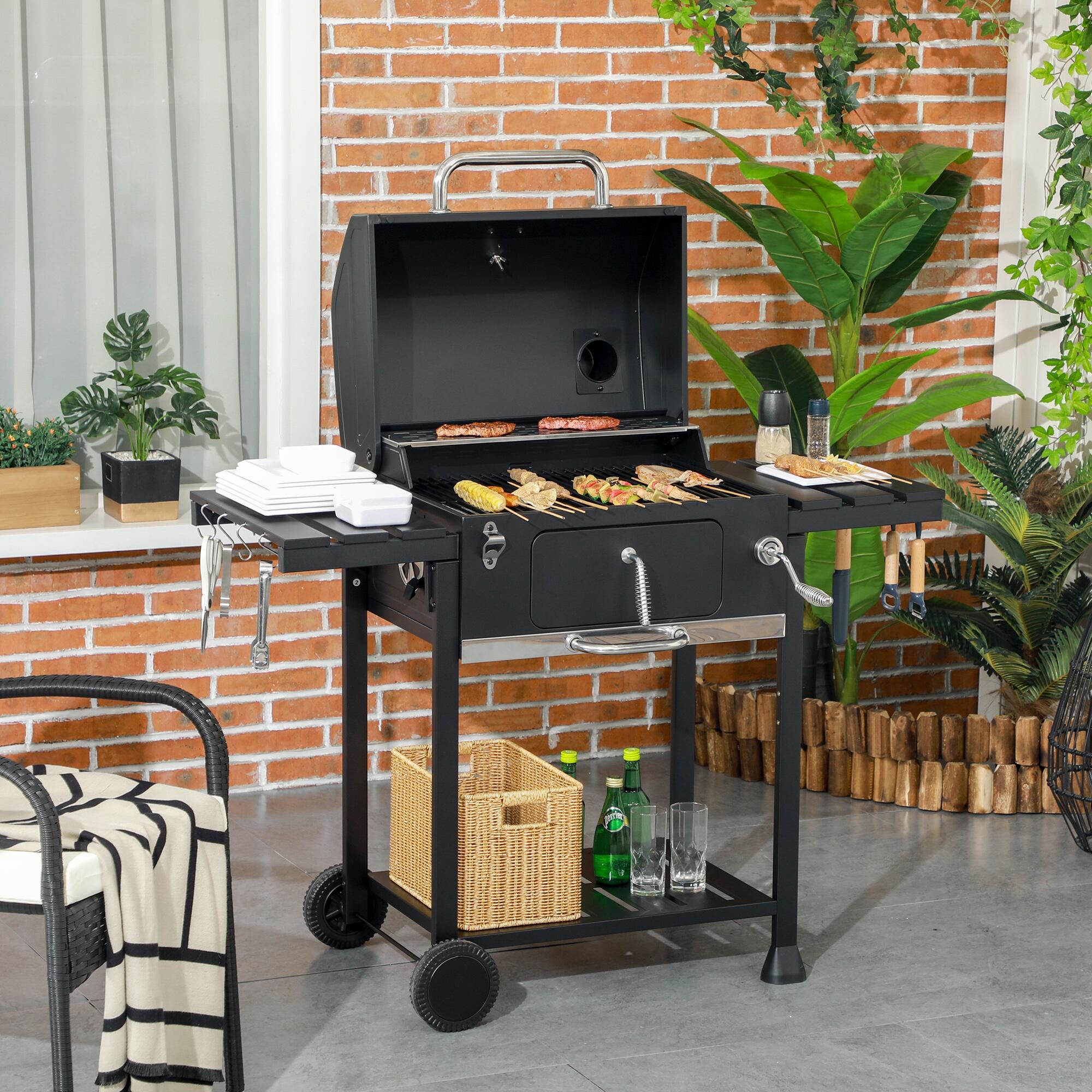 Outsunny Barbecue a Carbone con Coperchio, Griglia Regolabile e Ruote Nero 2/7
